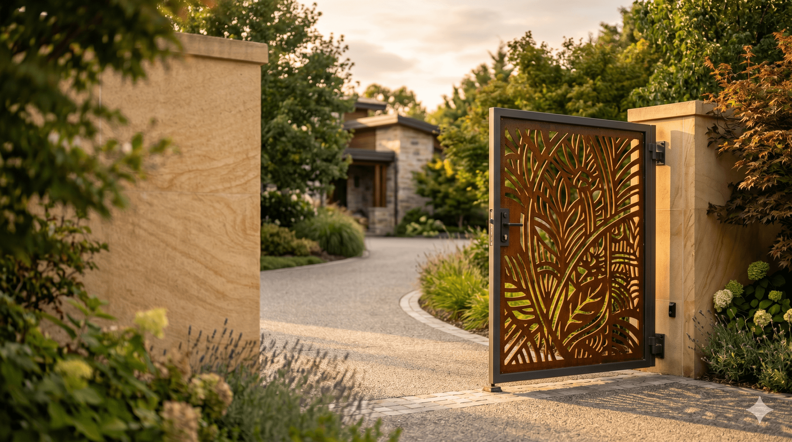 Decorative metal panel set into a driveway gate frame.