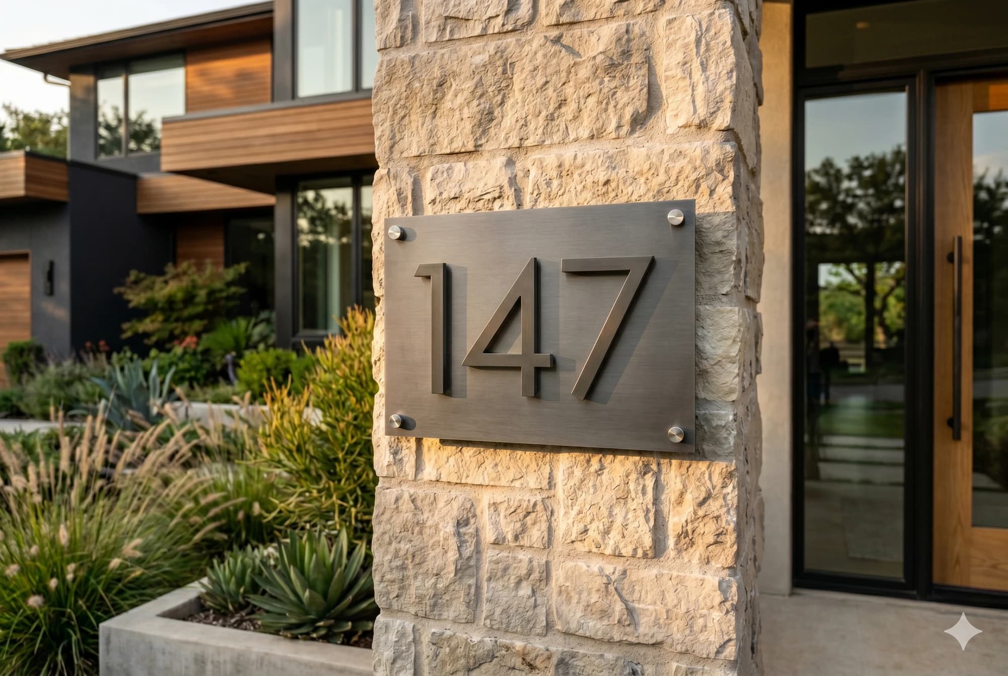 Modern metal address sign mounted on a residential exterior.