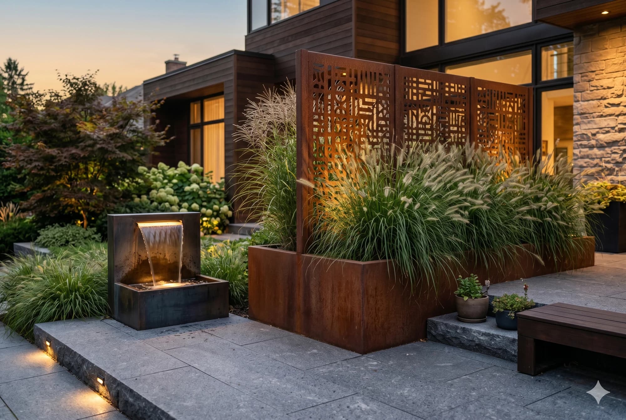 Planter-screen set used as an outdoor feature.
