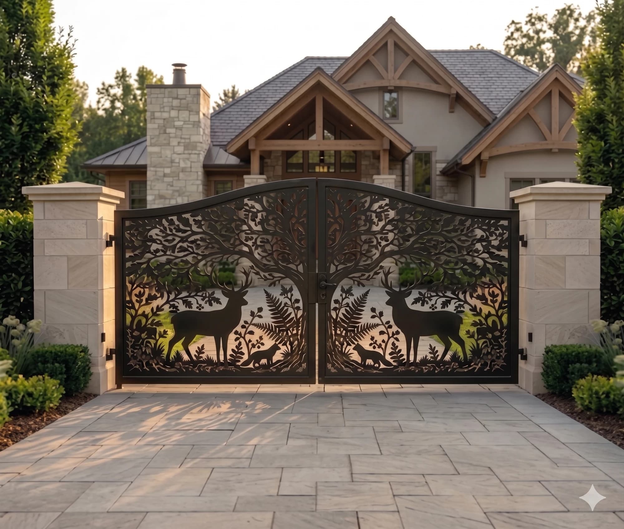 Decorative metal panel set into a driveway gate frame.