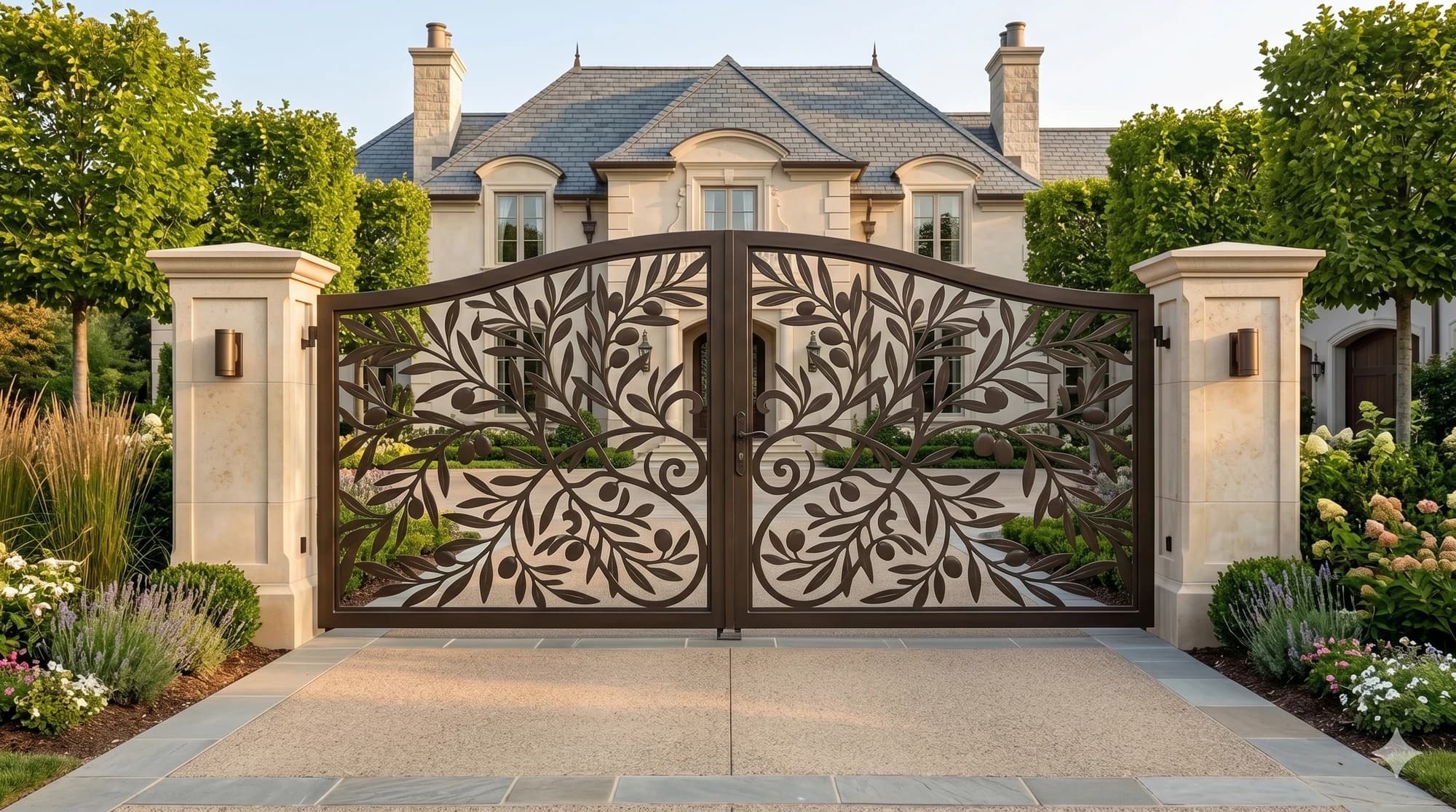 Coordinated decorative metal double-leaf driveway gate set at an estate entrance.