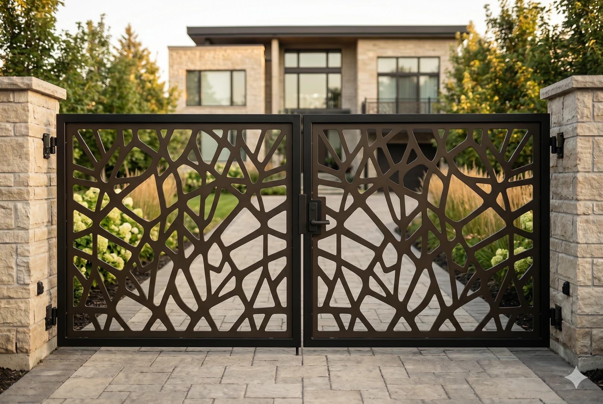 Decorative metal replacement panel set into an existing driveway gate frame.