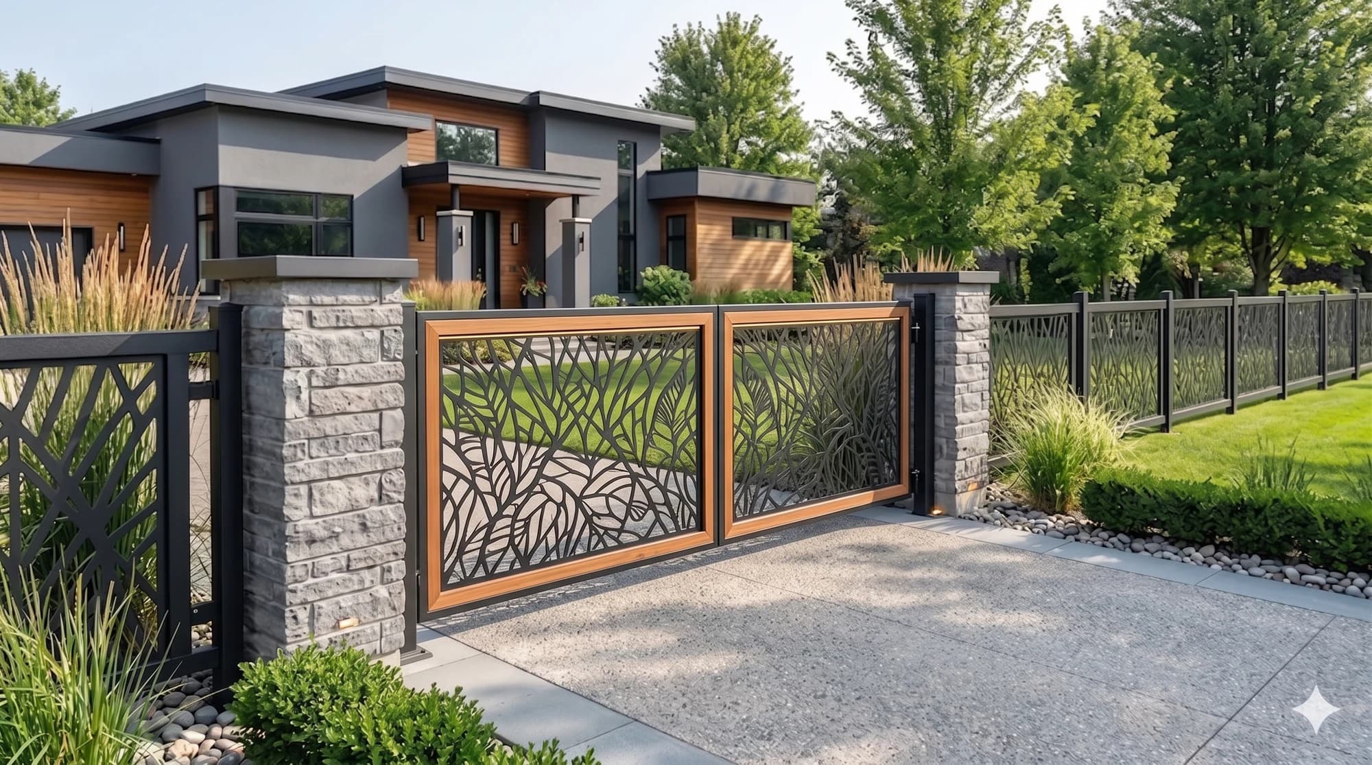 Decorative metal single-leaf driveway gate panel at a residential entrance.