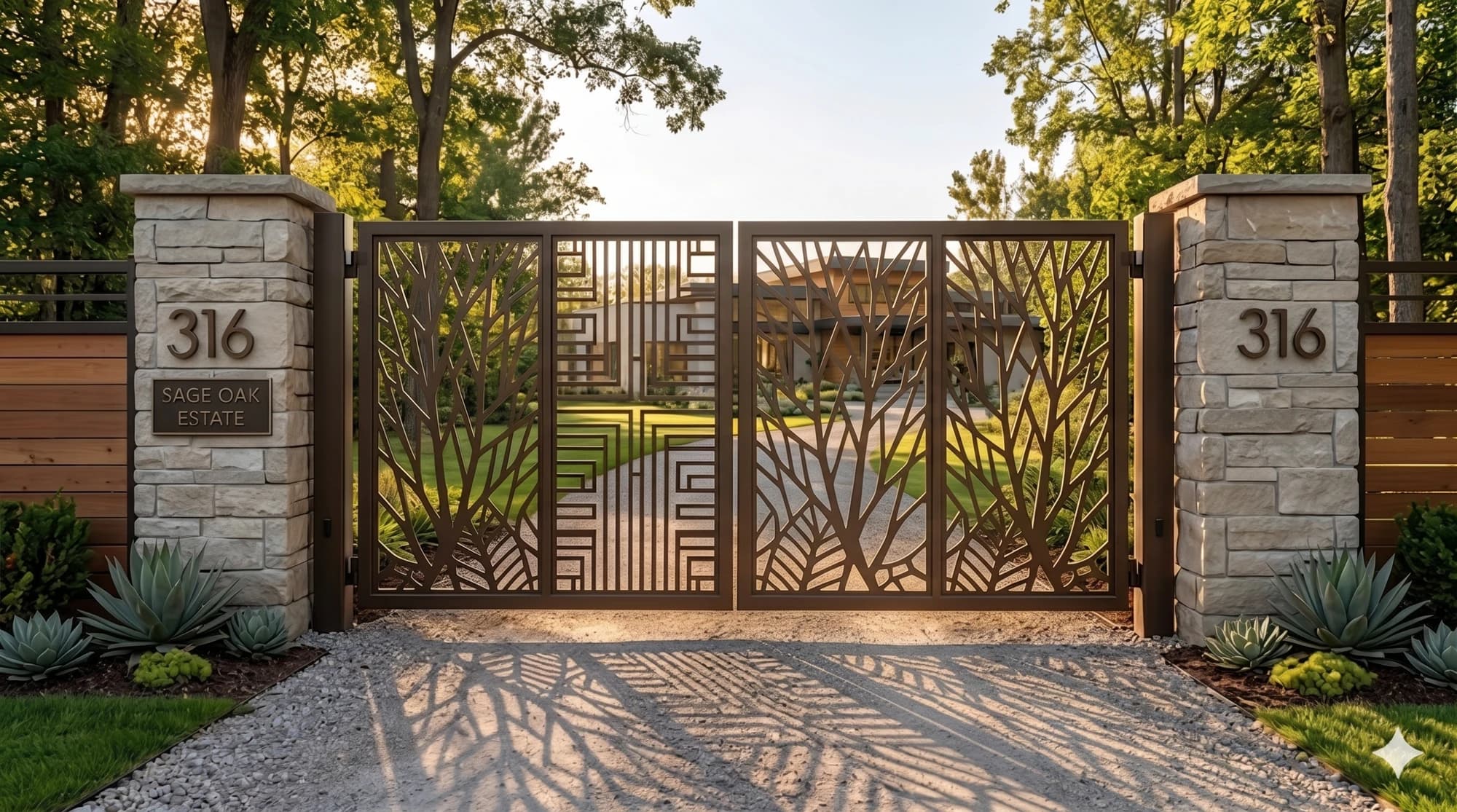 Larger decorative metal gate panel set at an acreage entrance.