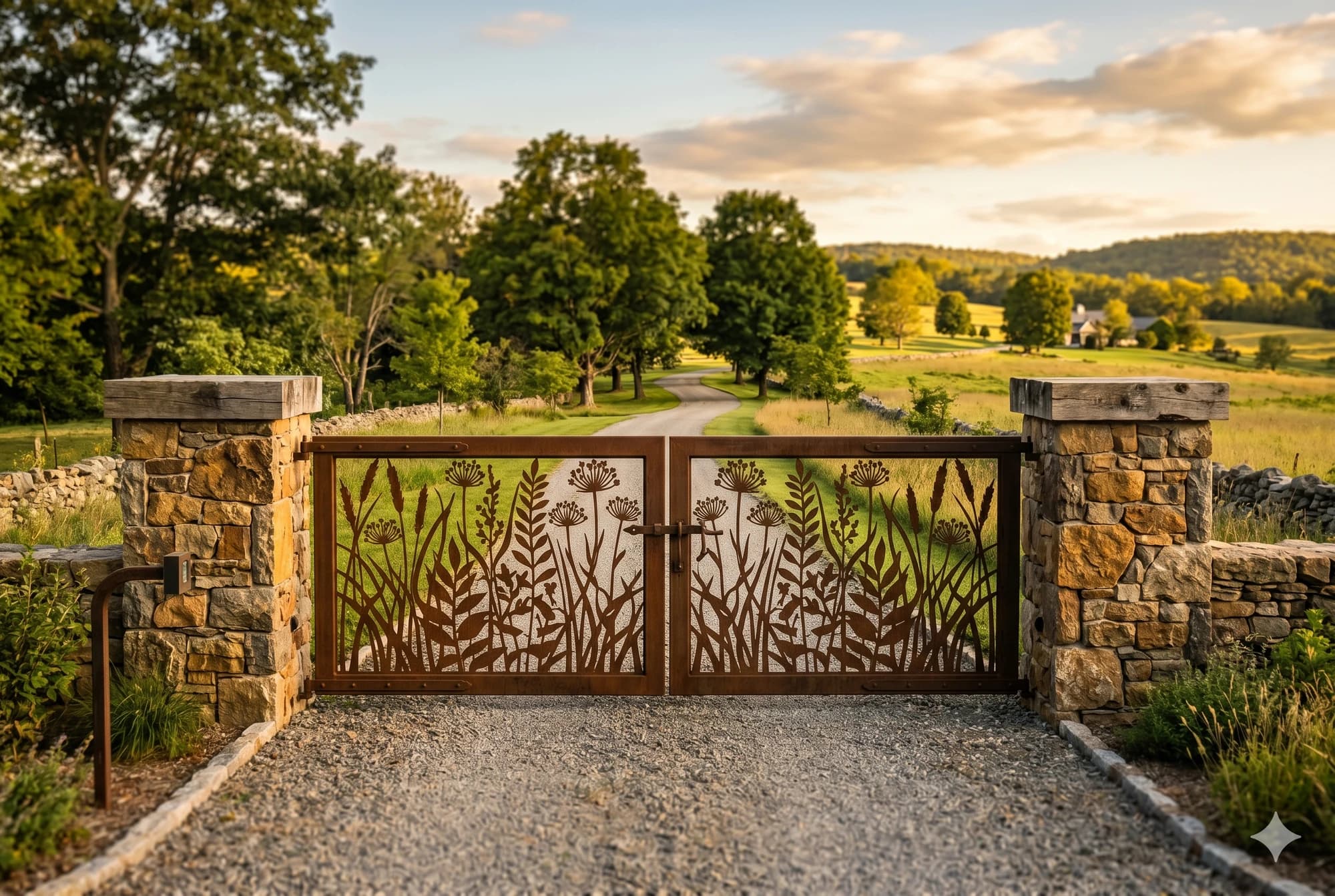 Decorative metal panel set at a rural farm entrance gate.