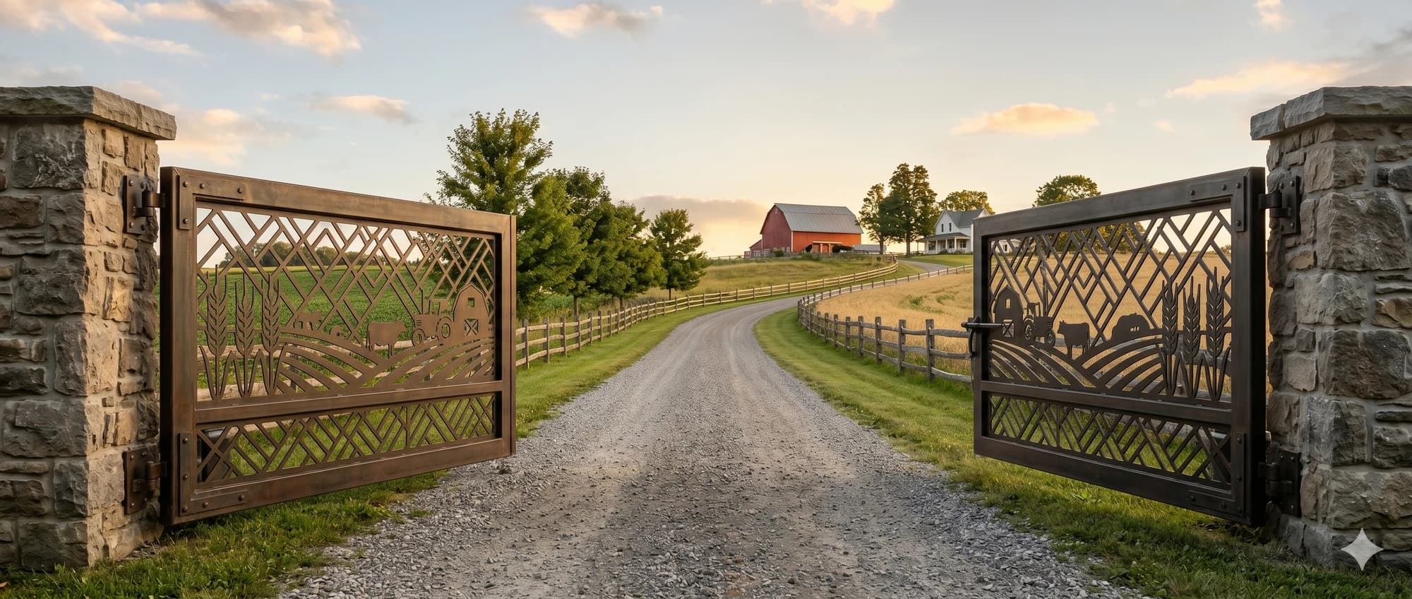 Decorative metal gate panel set at a farm entrance driveway.