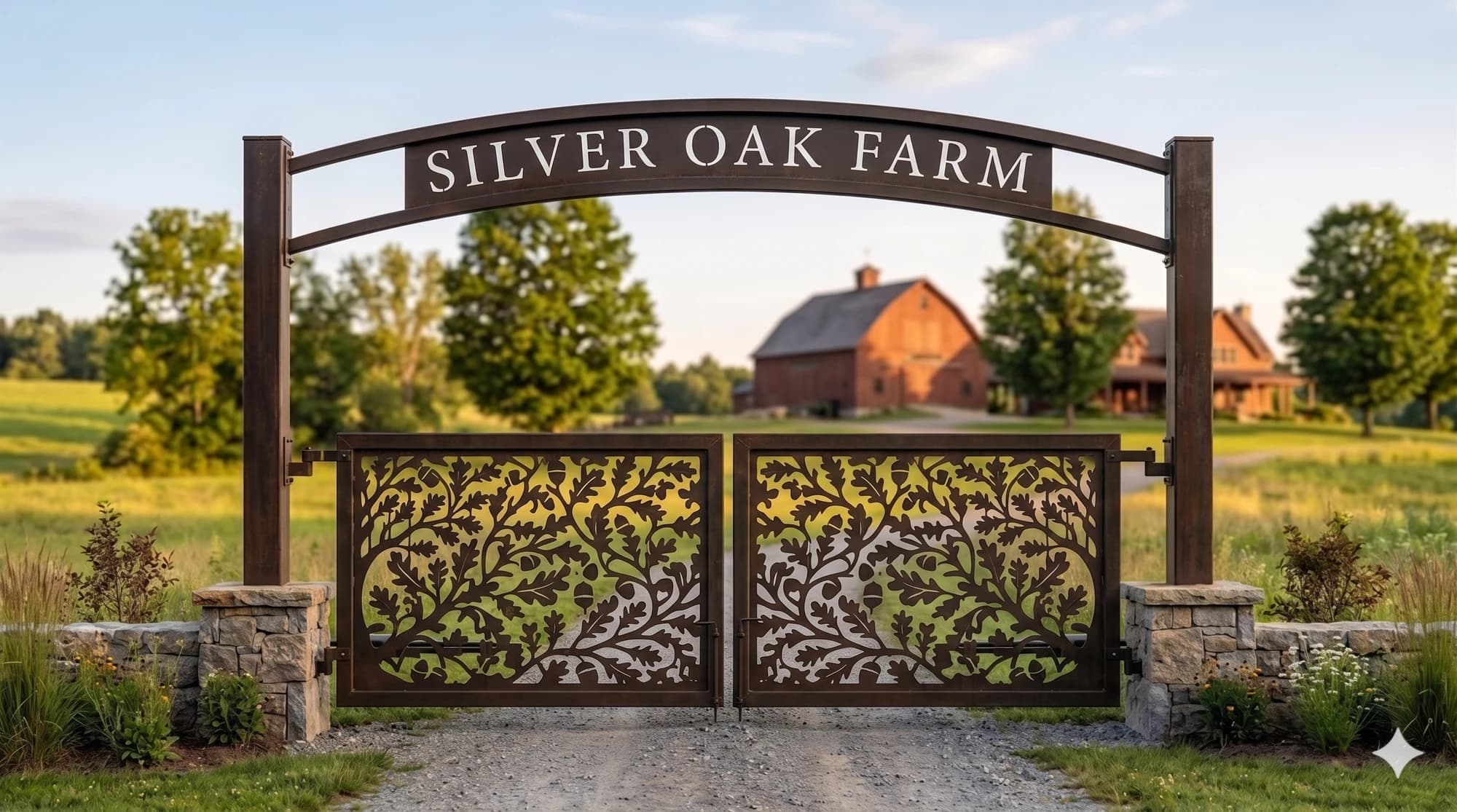Decorative metal gate panel set with a property-name element at a rural entrance.