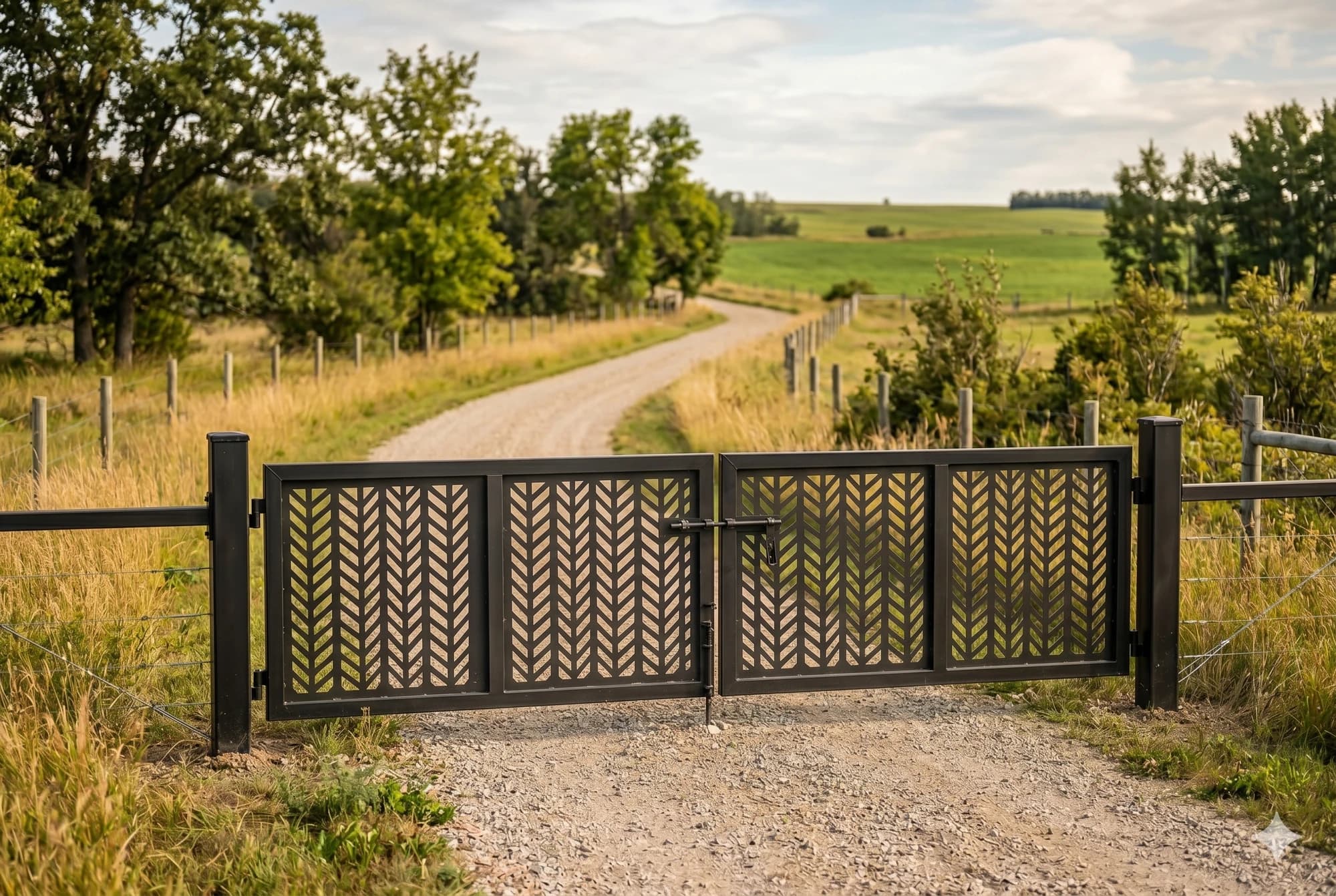 Manual decorative metal gate set at a rural laneway entrance.