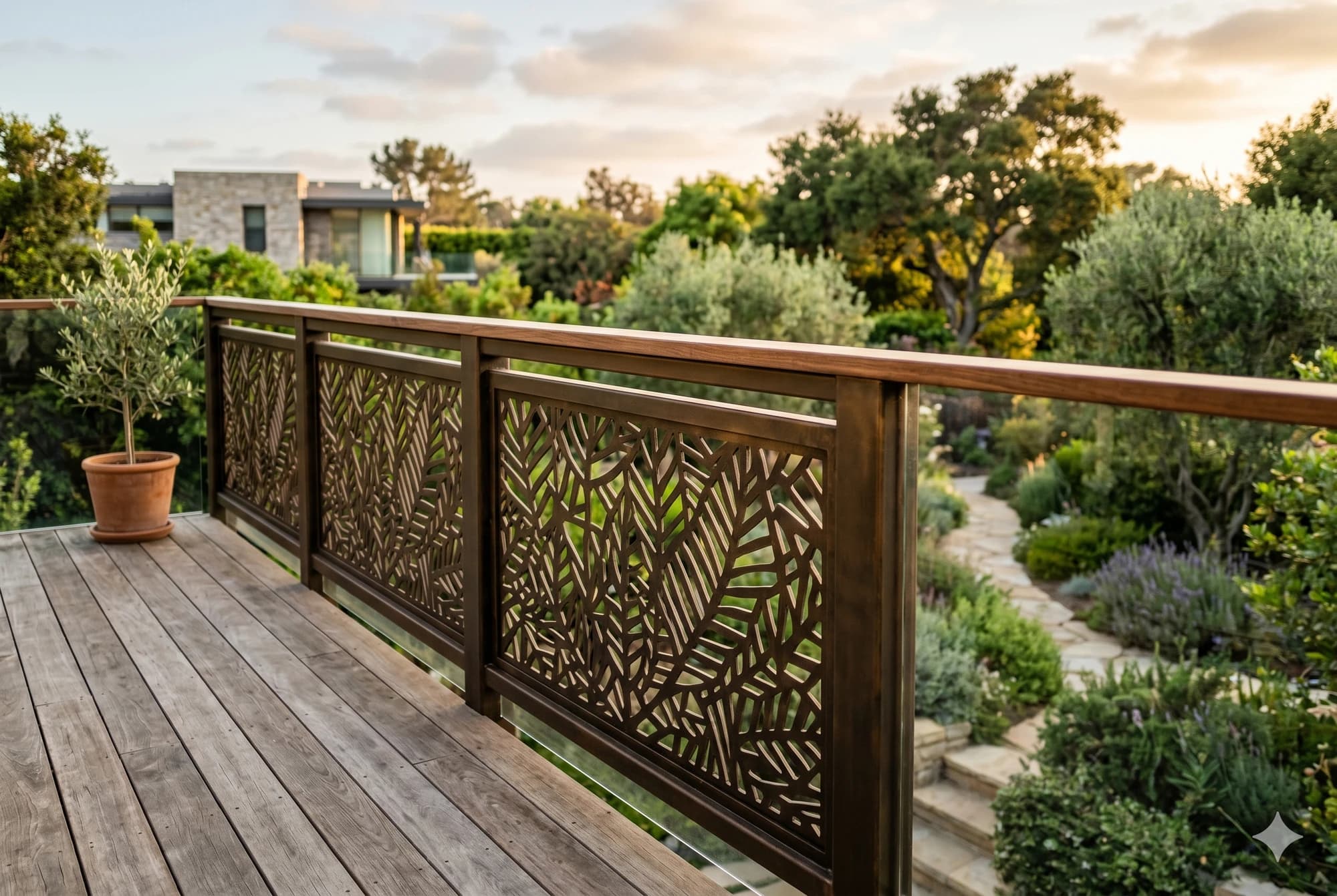 Run of decorative metal fence panels alongside a deck railing.