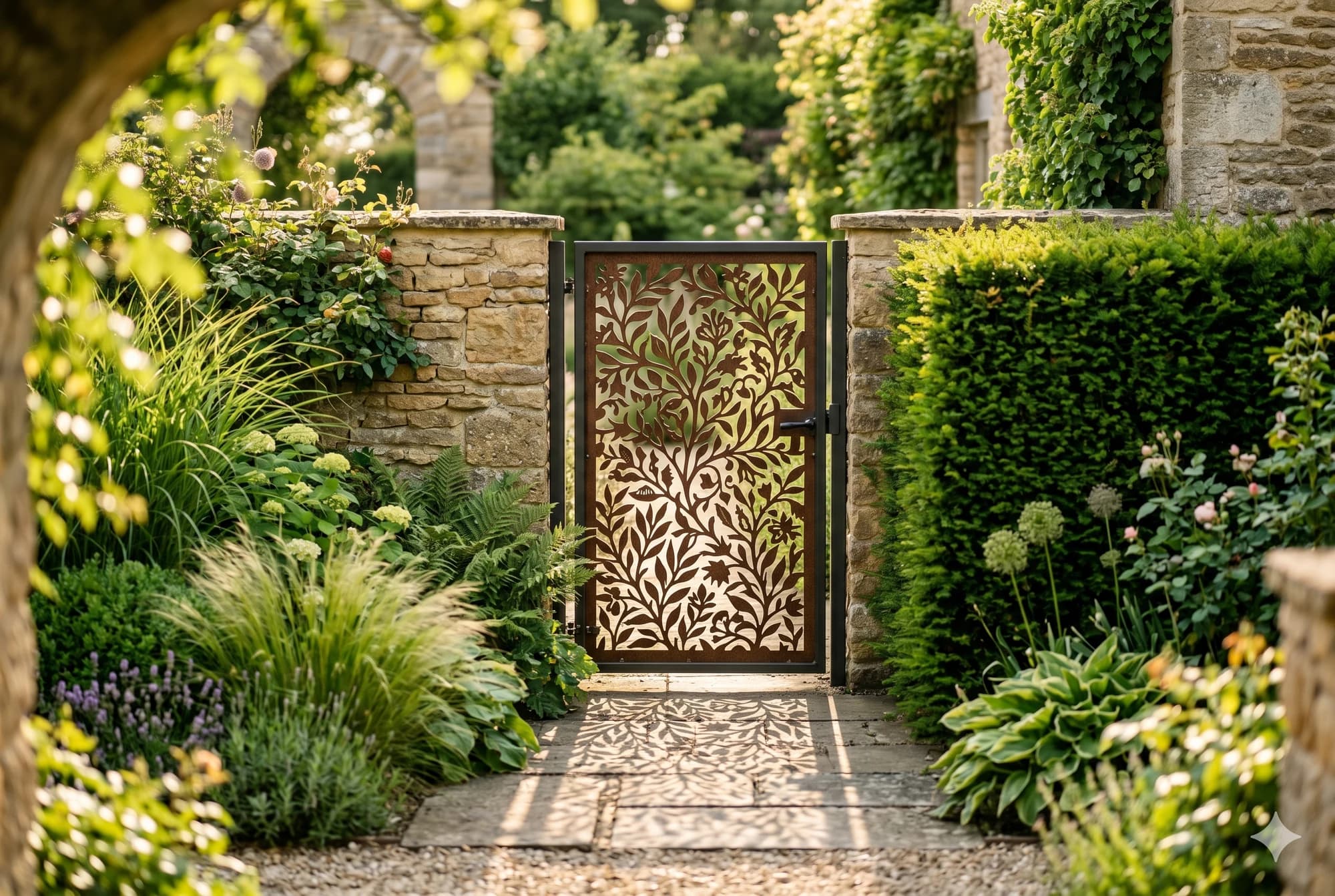 Pedestrian side-yard gate with decorative metal infill panel.