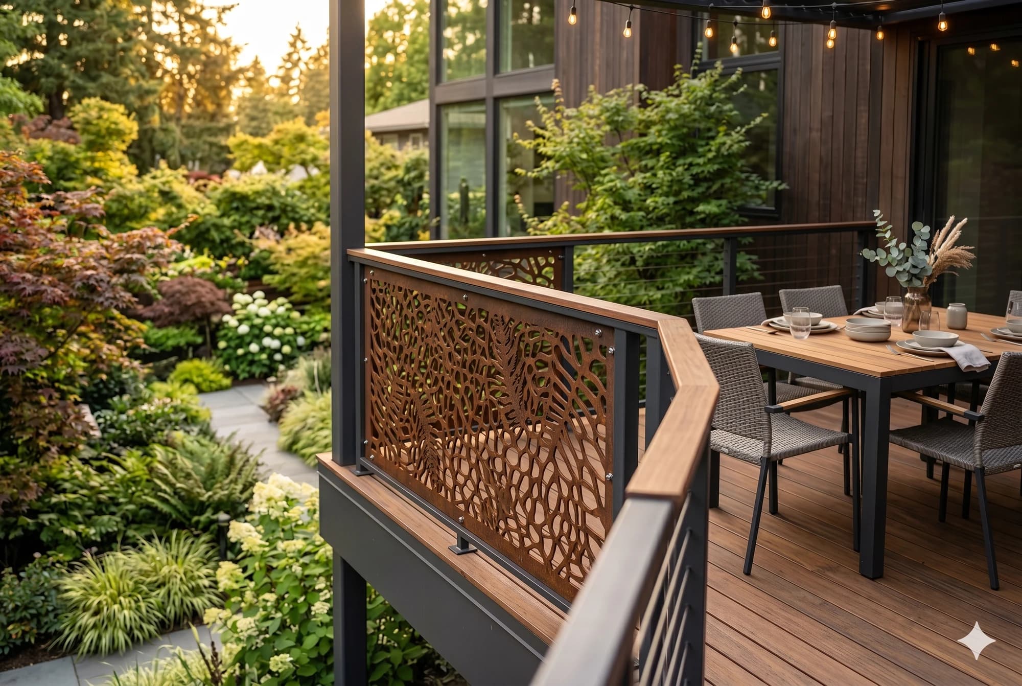 Decorative metal panel detail on a modern deck.