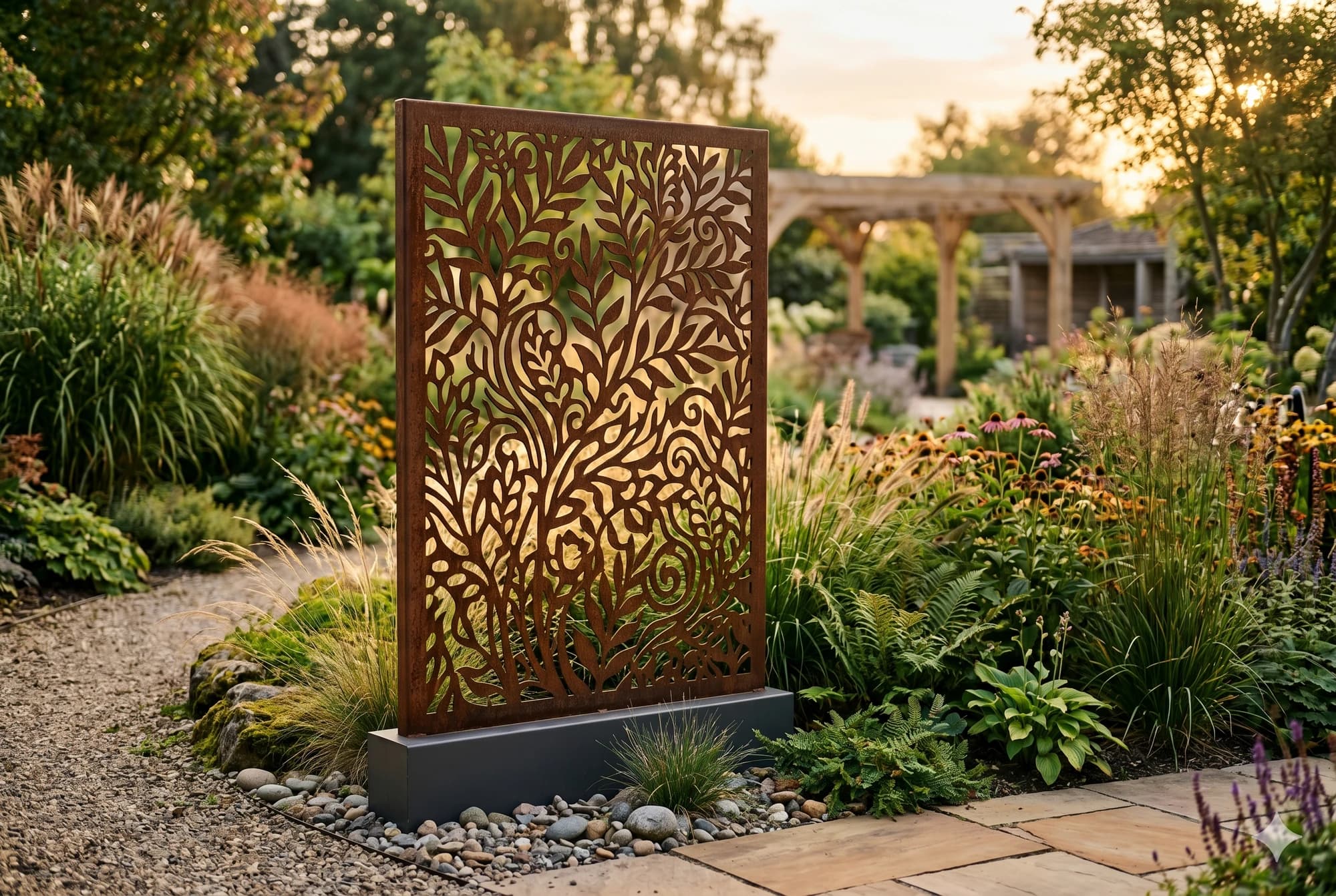 Freestanding decorative metal panel in a garden setting.
