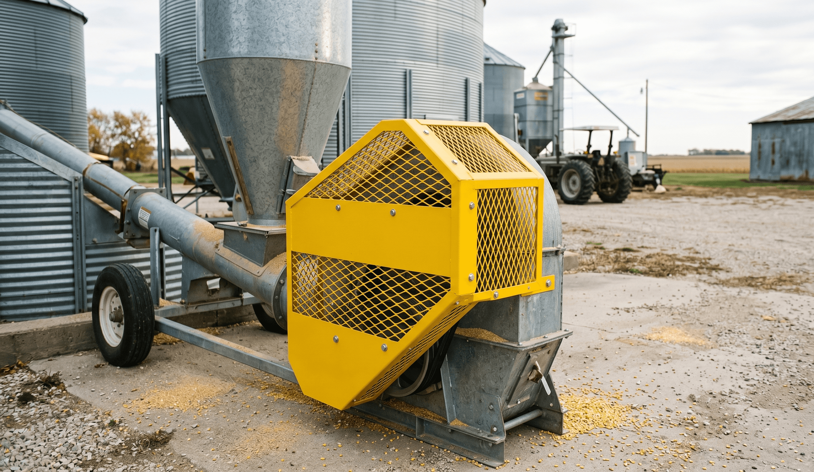 Yellow agricultural equipment guard on a grain auger near farm grain bins
