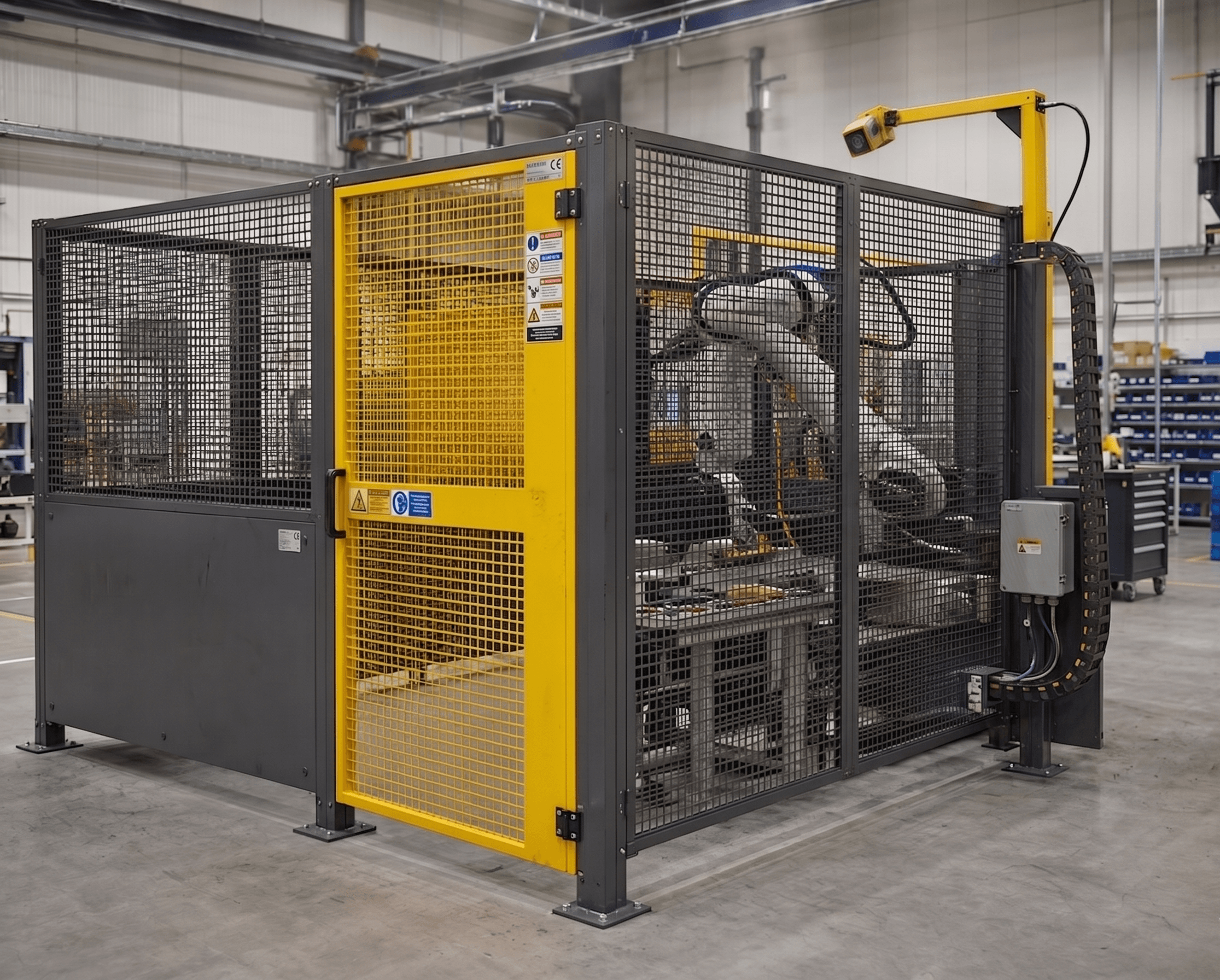 Industrial robot cell with black and yellow safety guarding panels