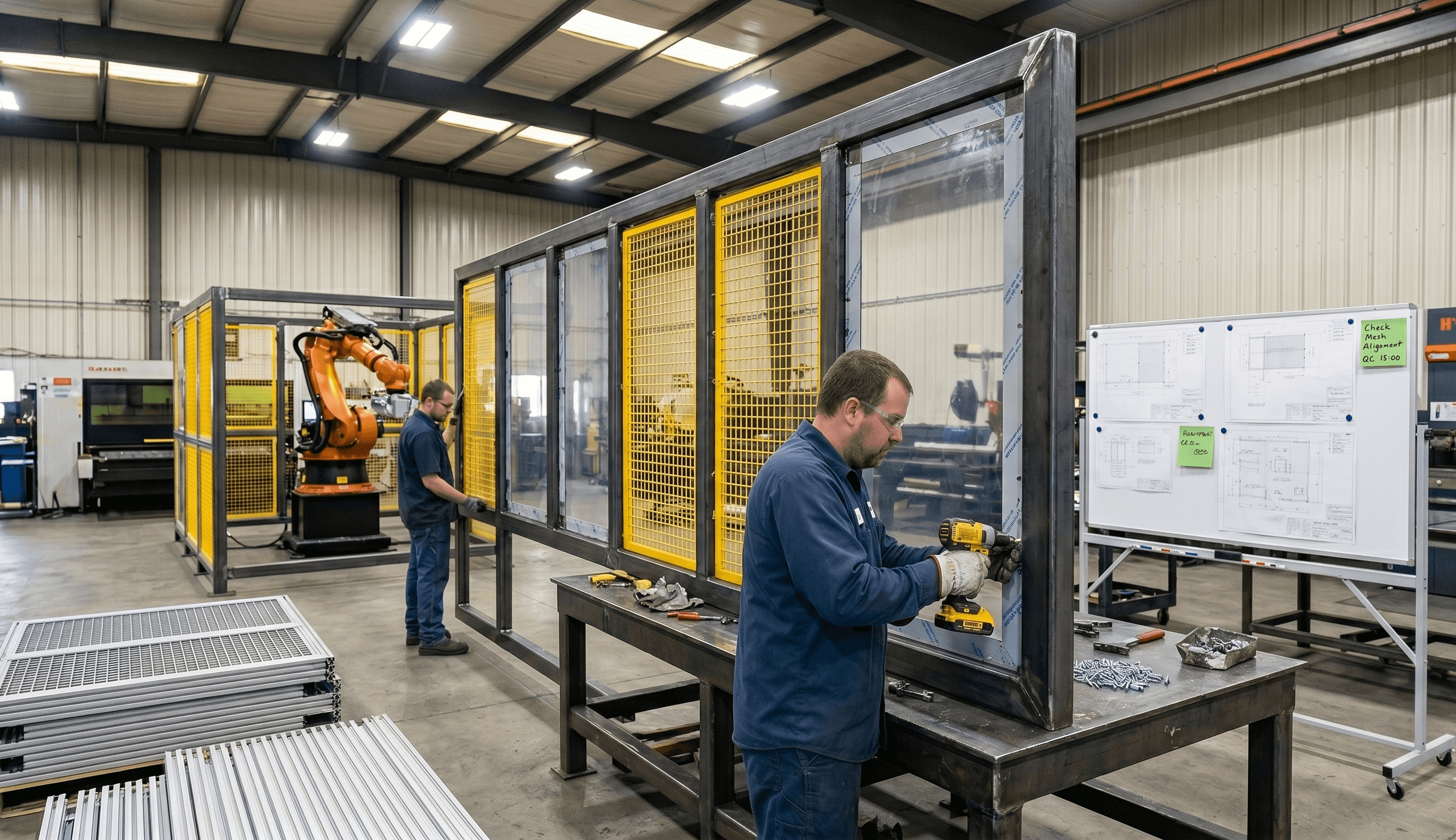 Industrial guarding panels being assembled in a fabrication shop