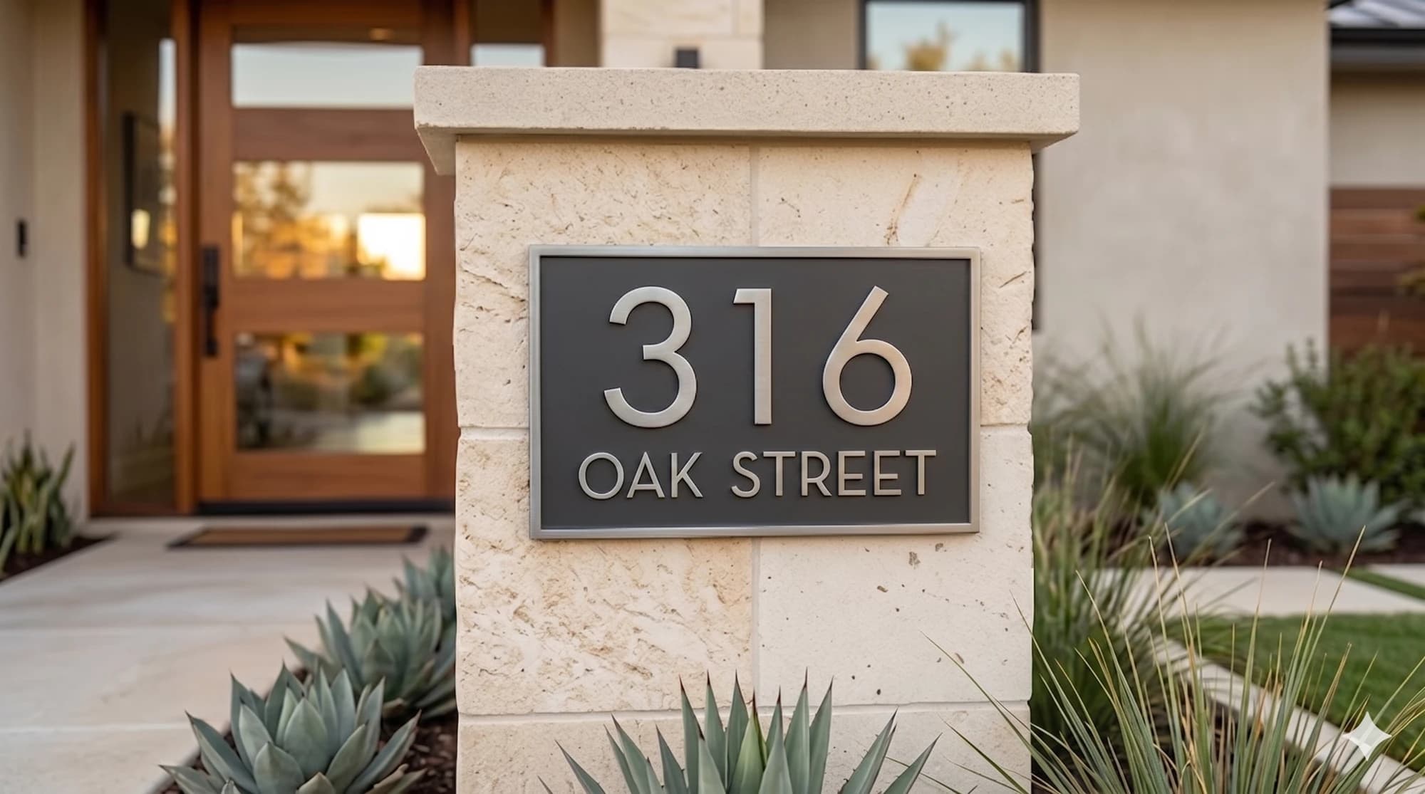 Two-line metal address plaque with house number and street name.