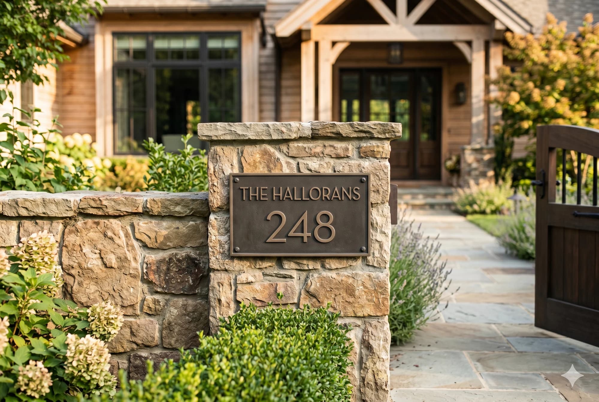 Custom metal address plaque combining house number and family name.