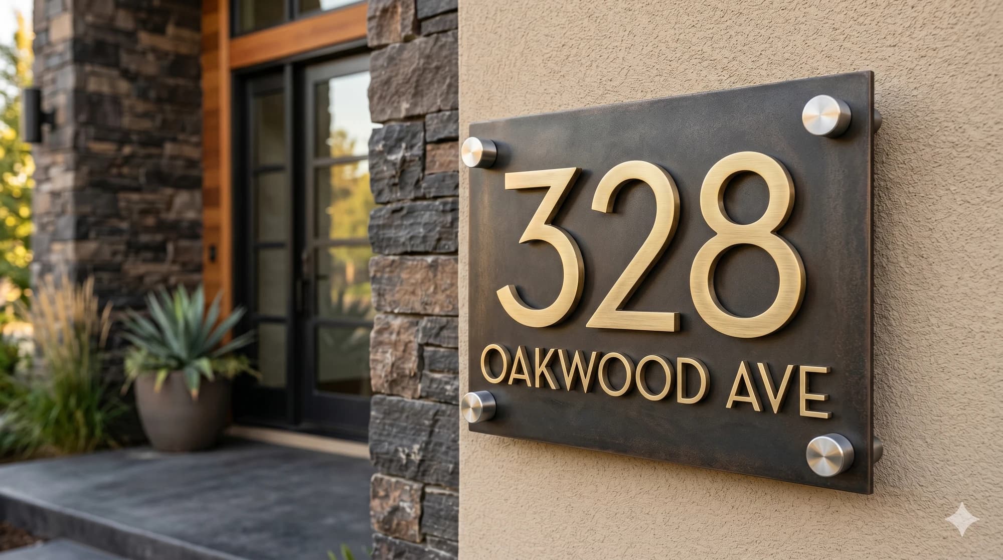 Layered metal address plaque with stand-off mounting and contrasting finishes.