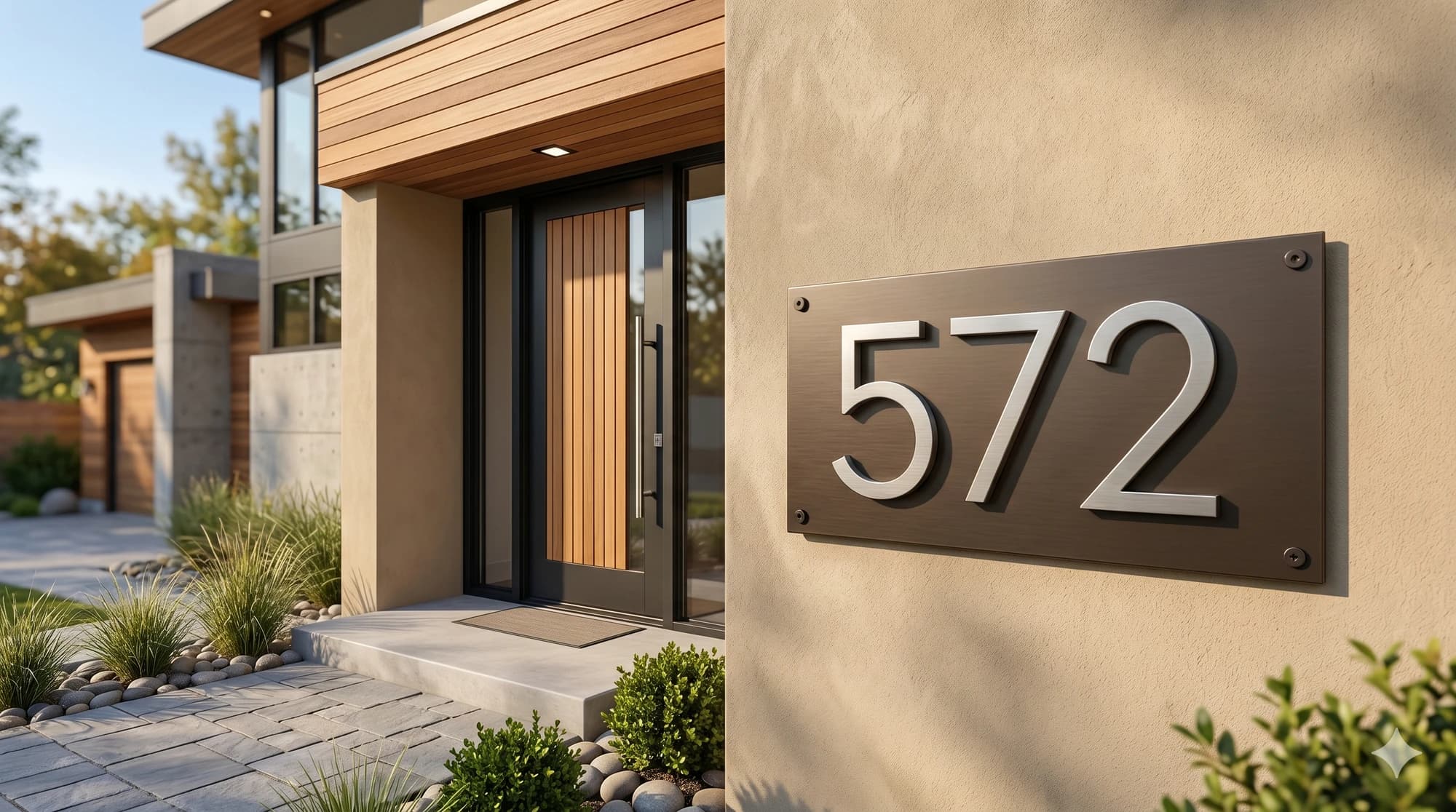 Single-line metal address plaque mounted beside a residential entry.