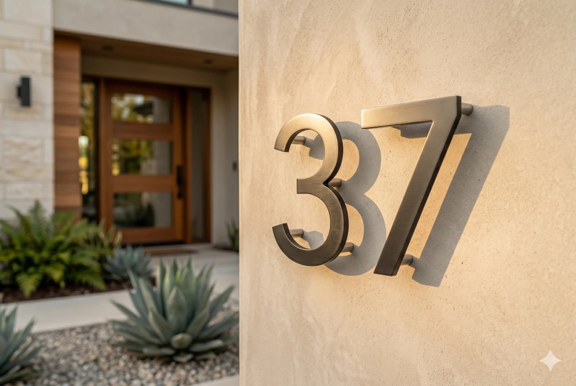 Cut-through metal house numbers mounted on a modern exterior wall.