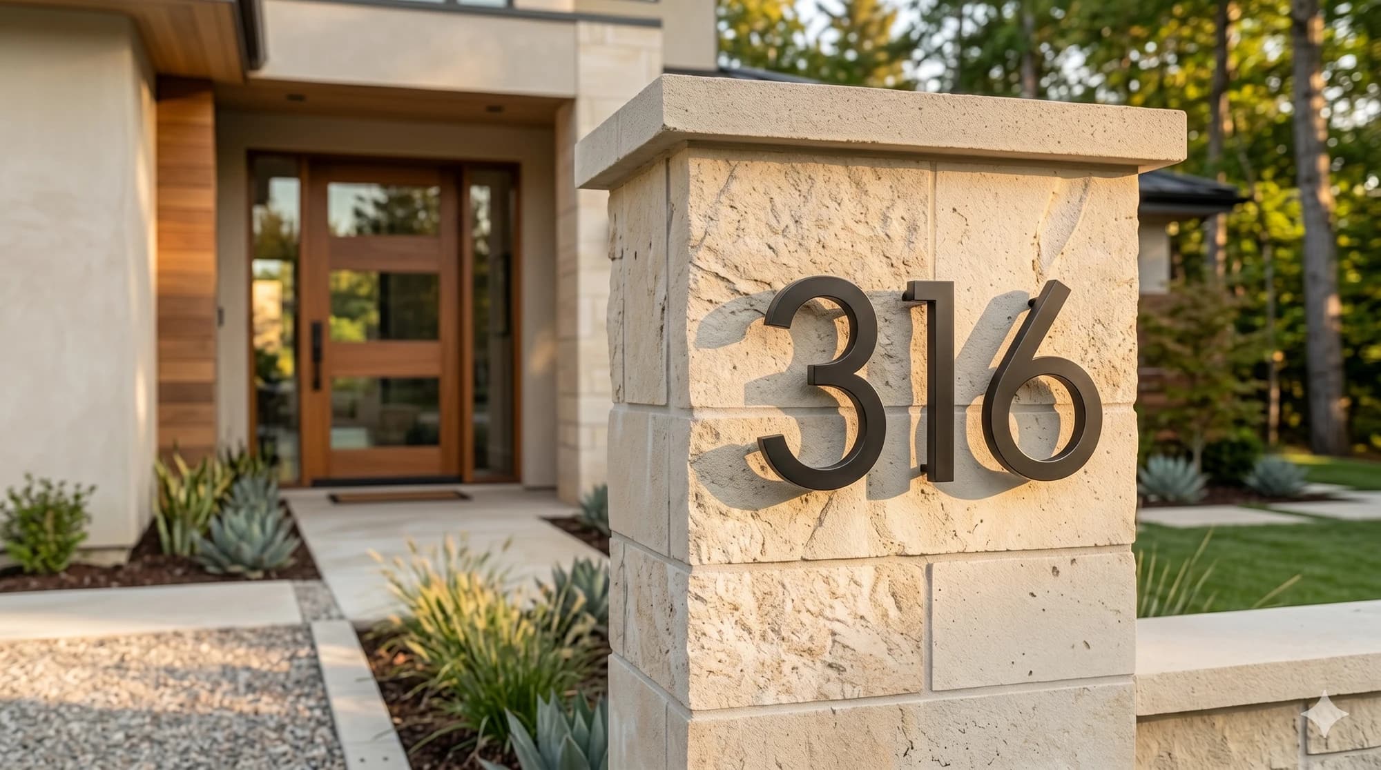 Metal house numbers mounted on a driveway gate post at a property entrance.