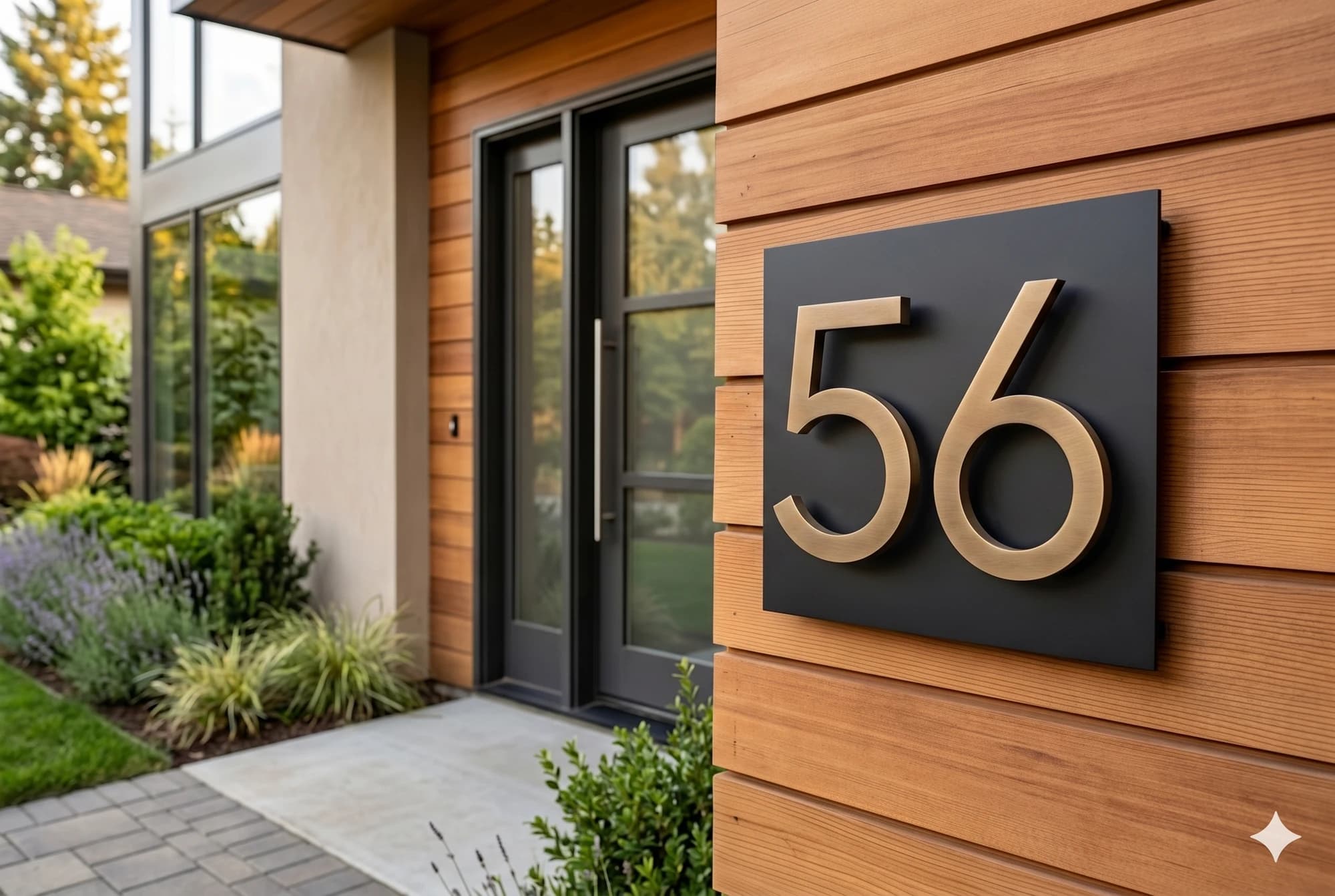 Layered metal house numbers on a contrasting backer plate beside a residential entry.