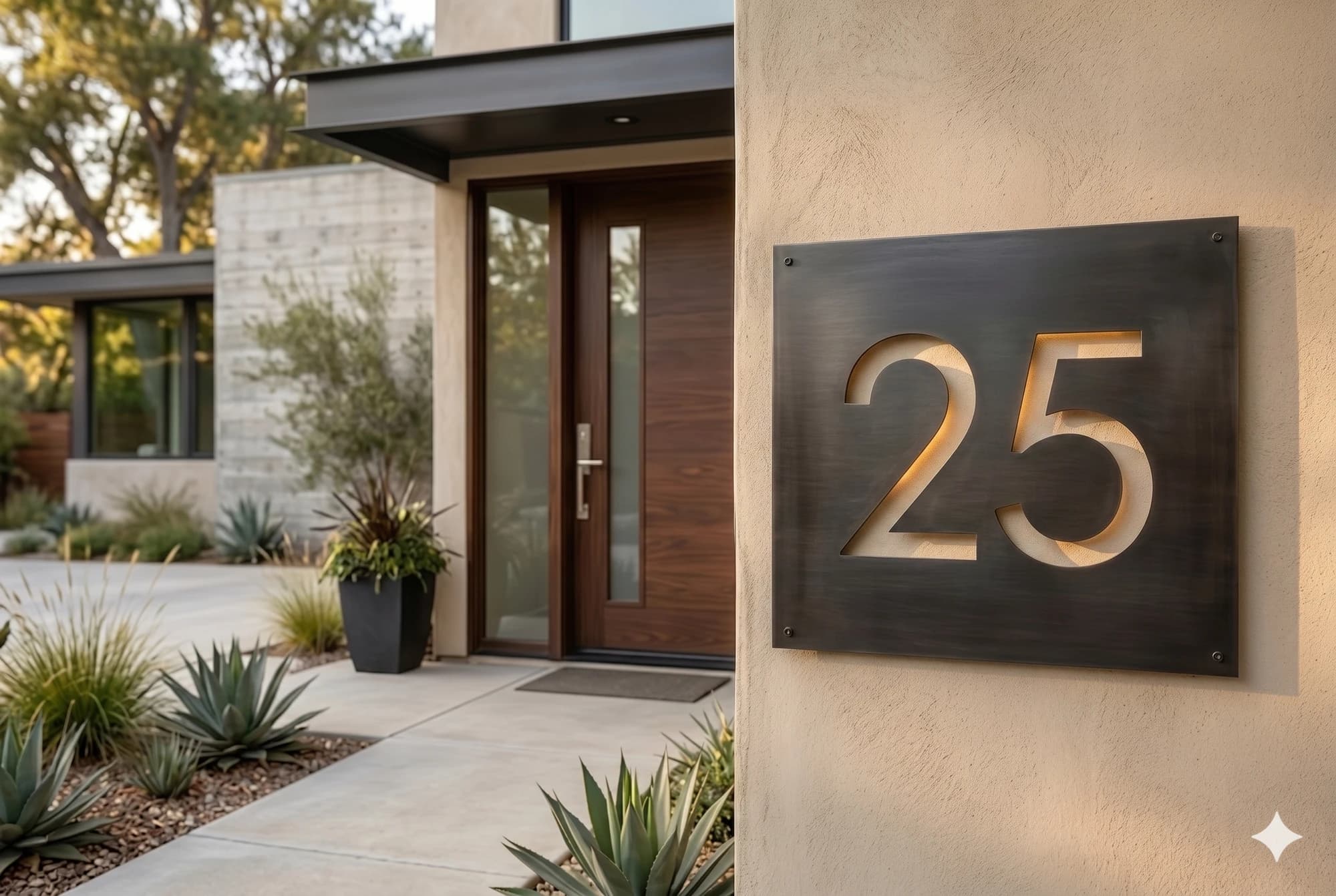Stand-off mounted metal house numbers casting shadow on a residential wall.