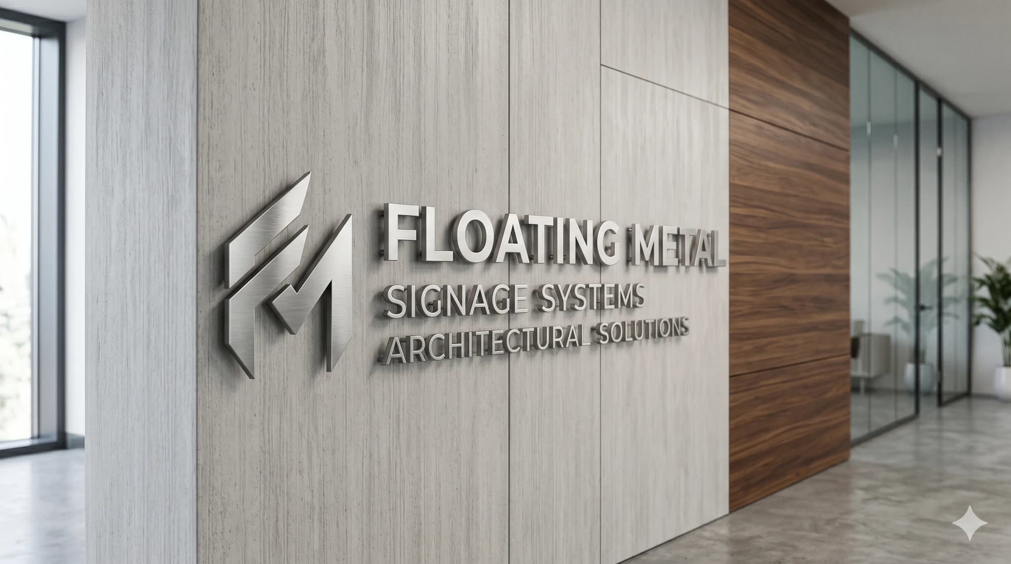 Raised dimensional metal logo on an interior reception wall.