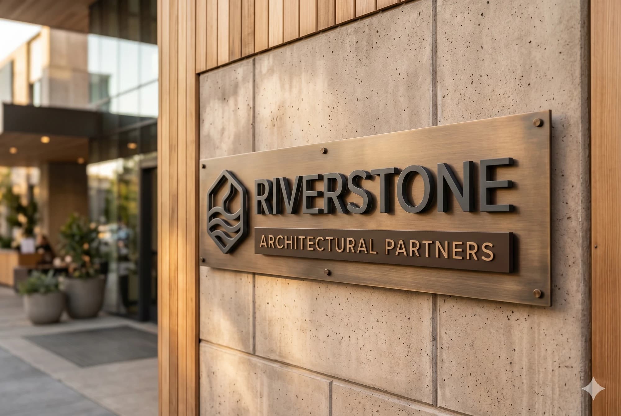 Layered exterior metal logo panel with raised elements and contrasting finishes.