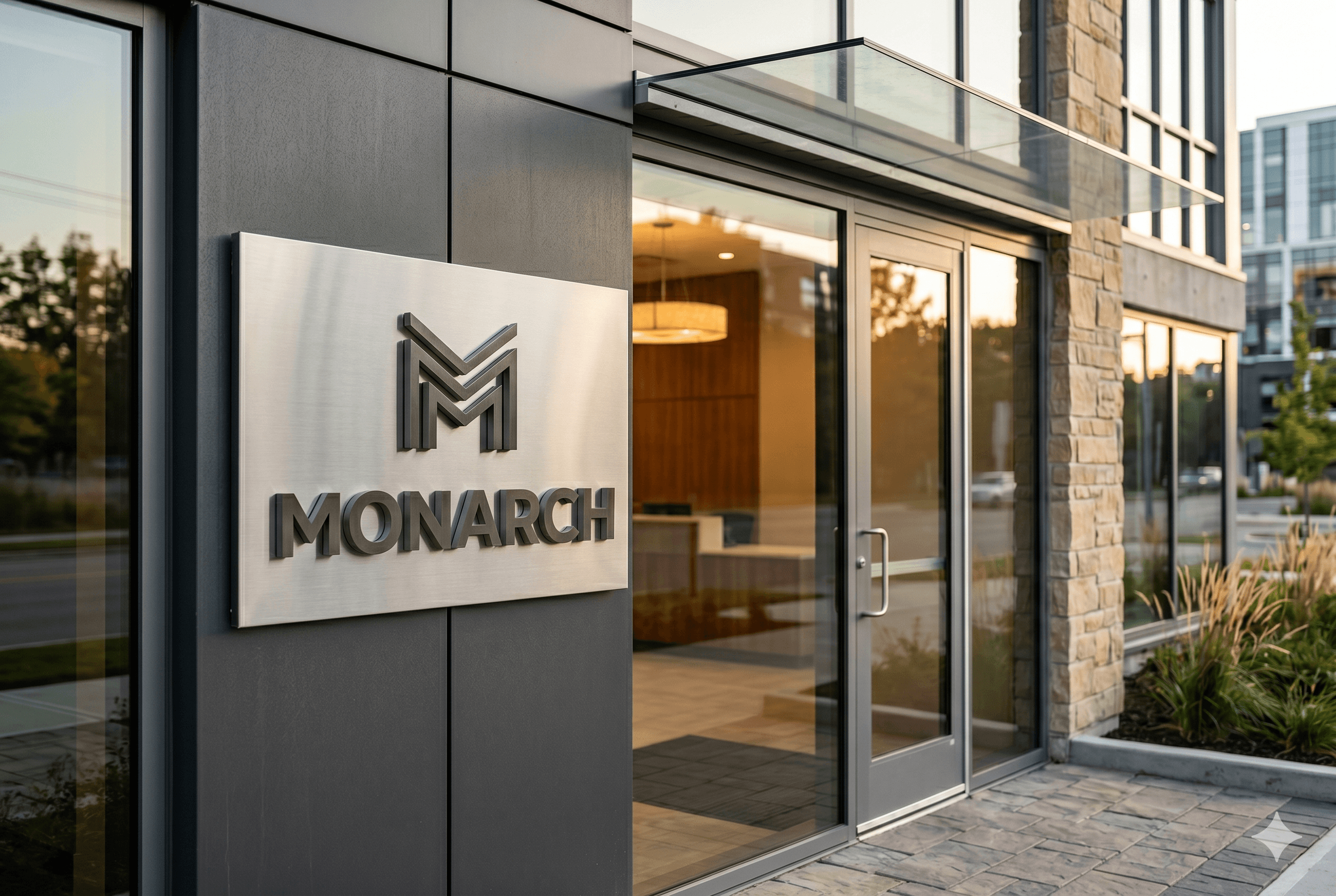 Custom metal sign mounted beside a commercial entrance doorway.