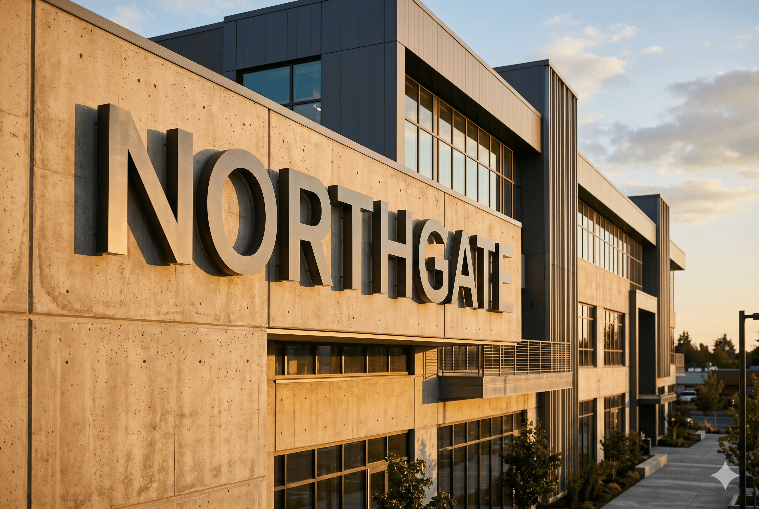 Large metal logo and lettering mounted on a commercial building facade.