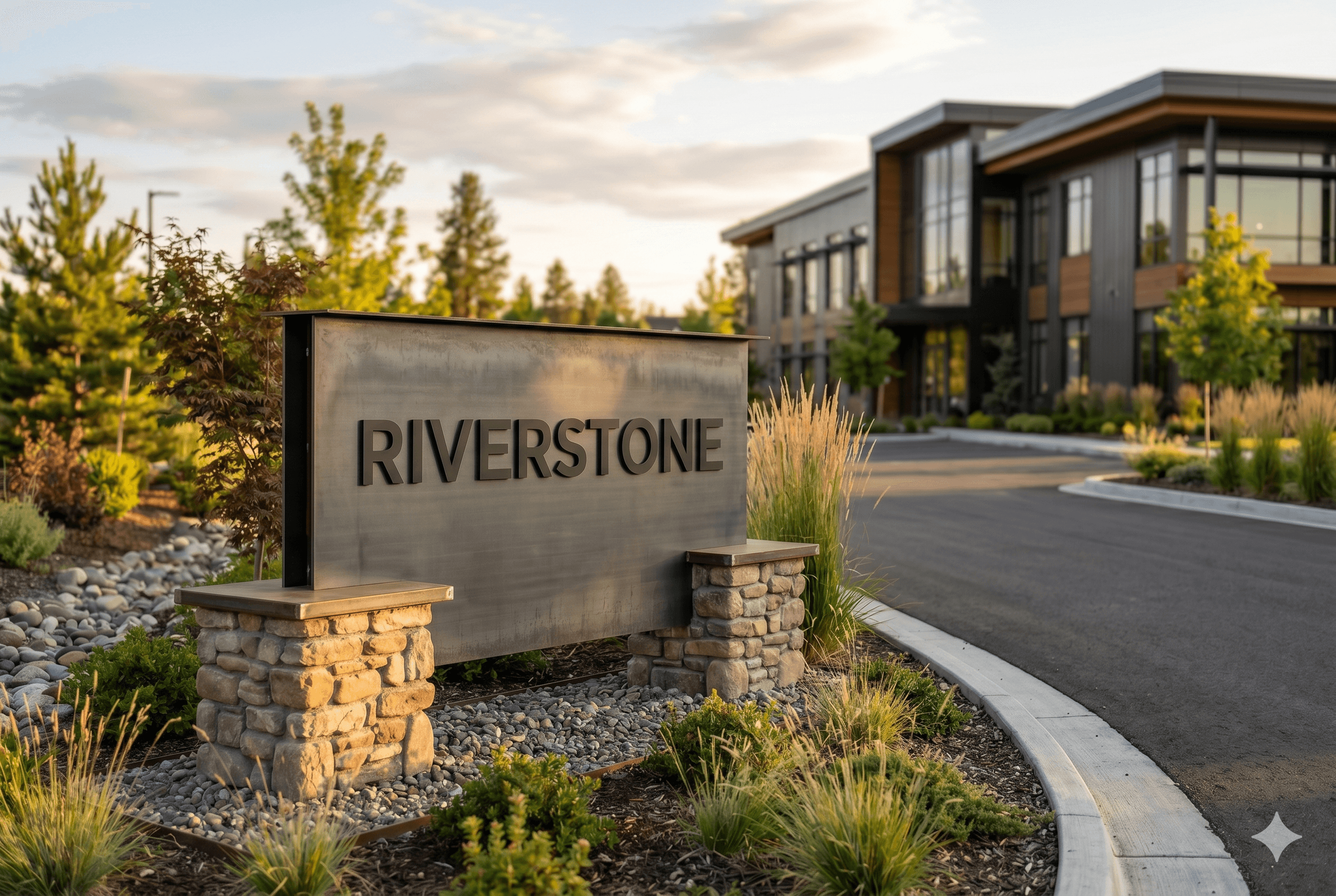 Freestanding metal monument sign at a commercial property entrance.