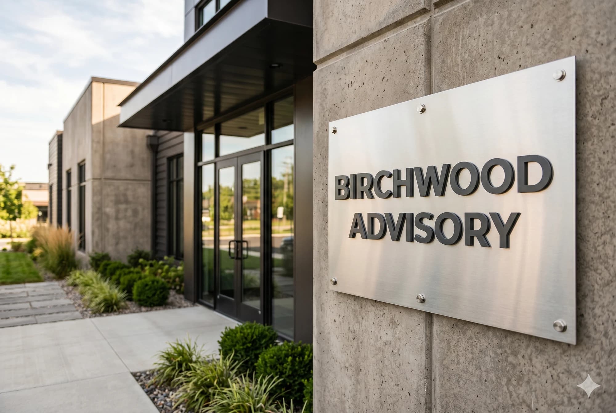 Metal office sign panel mounted on the facade of a professional service business.