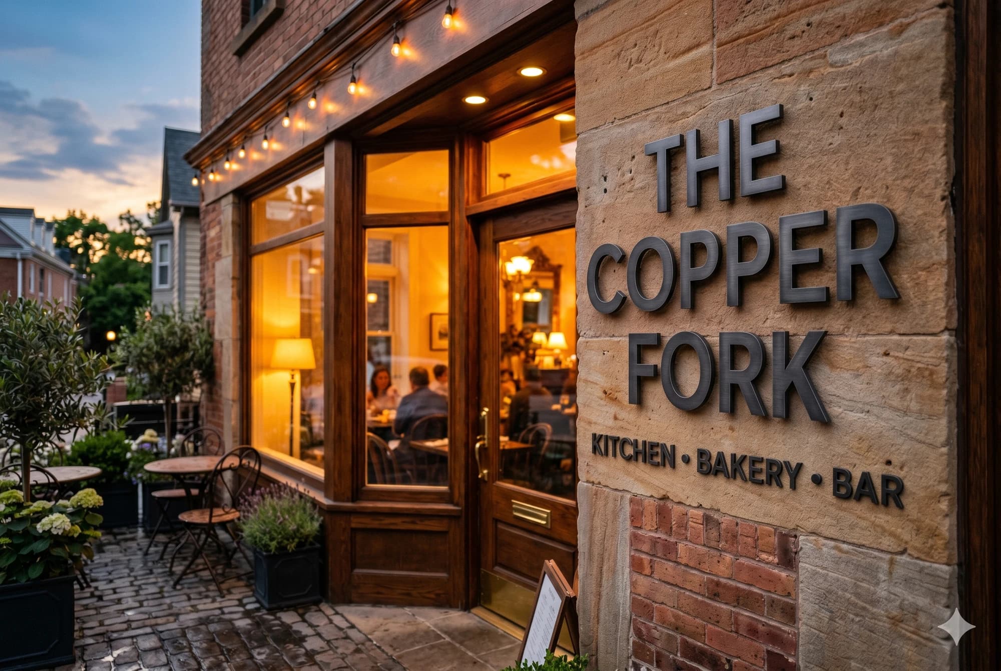Custom metal hospitality sign on the exterior of a café or restaurant.