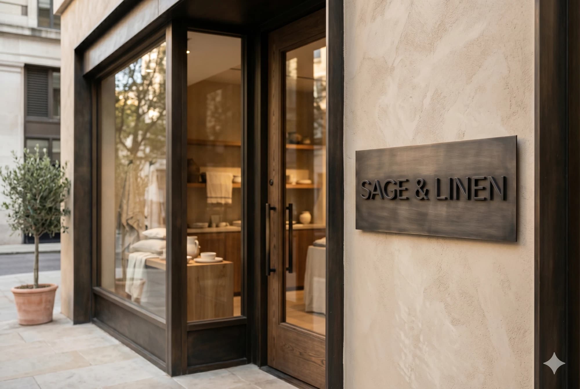 Refined metal sign on the facade of a small studio or boutique.