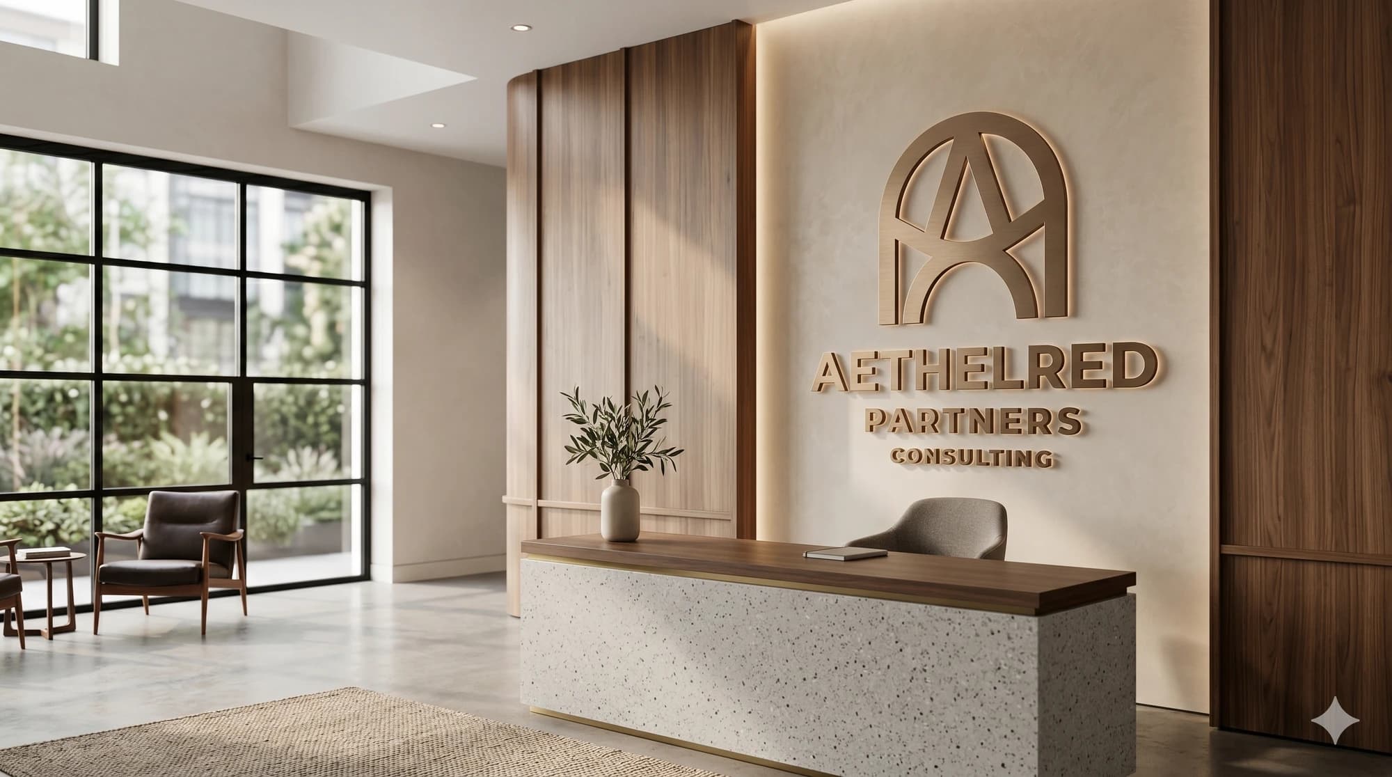 Large dimensional metal logo on a lobby feature wall.