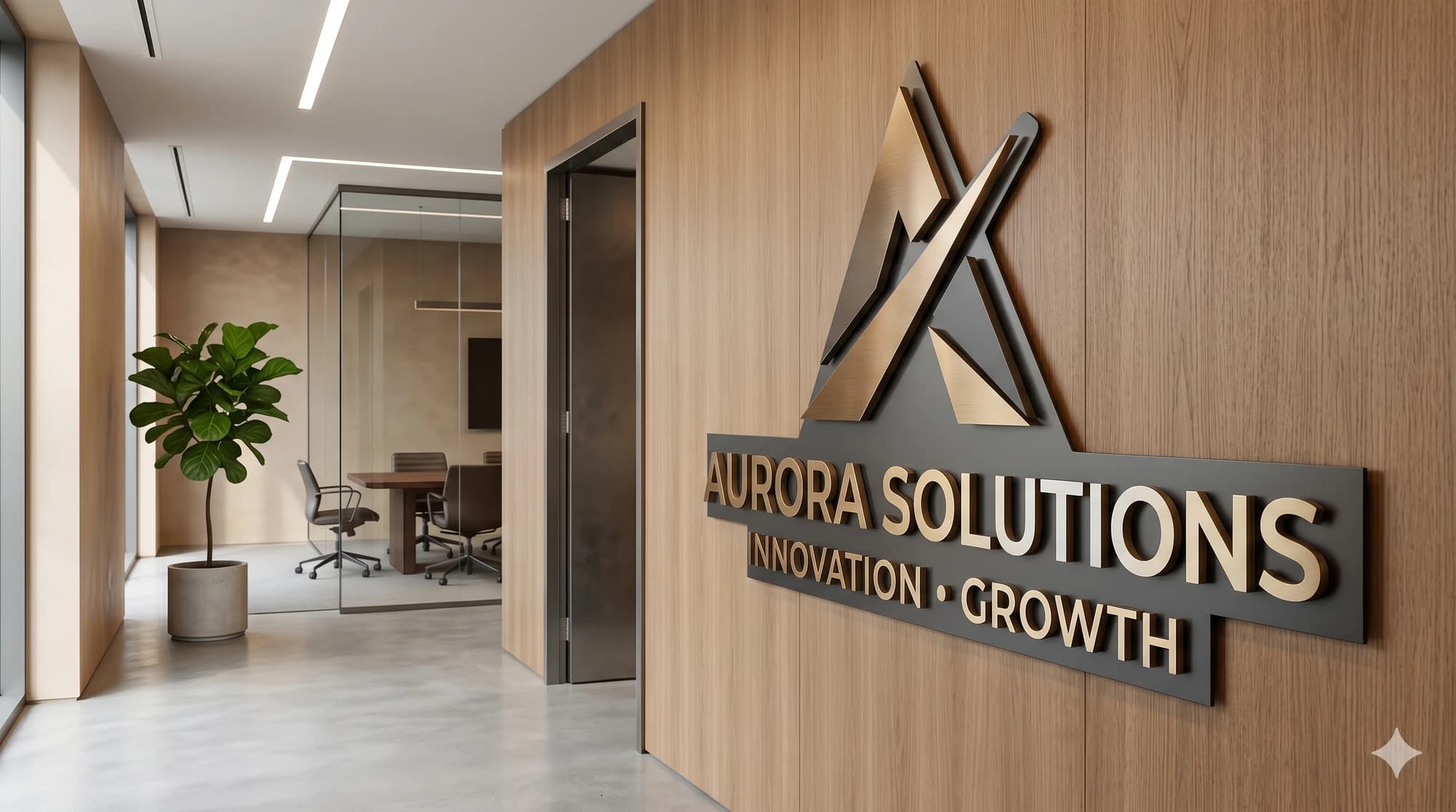 Interior wordmark and branded panel on an office wall.