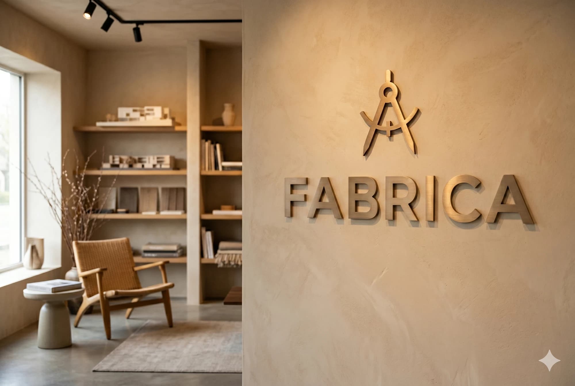 Dimensional metal logo mounted behind a reception desk.
