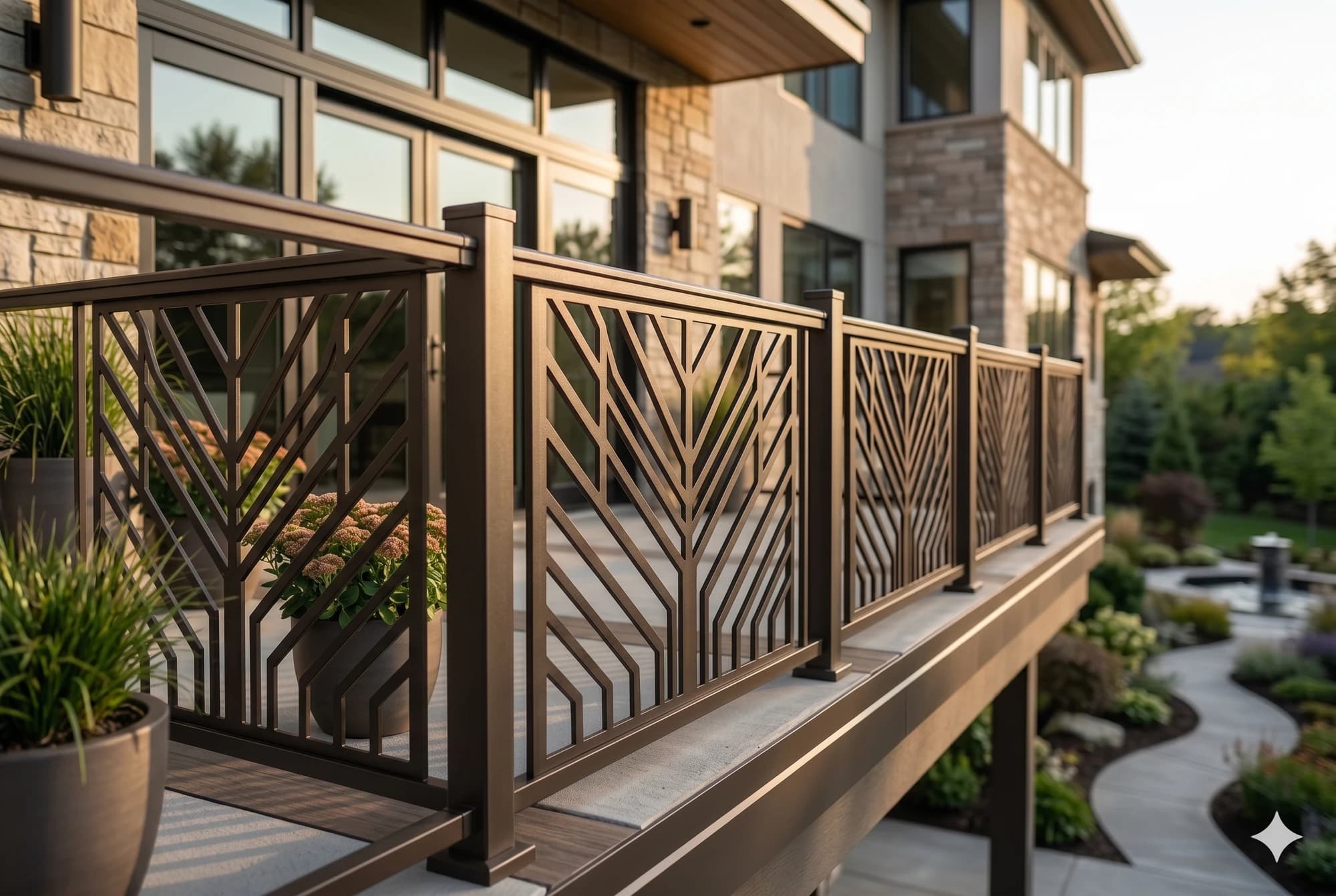 Patterned metal insert in a residential balcony railing frame.