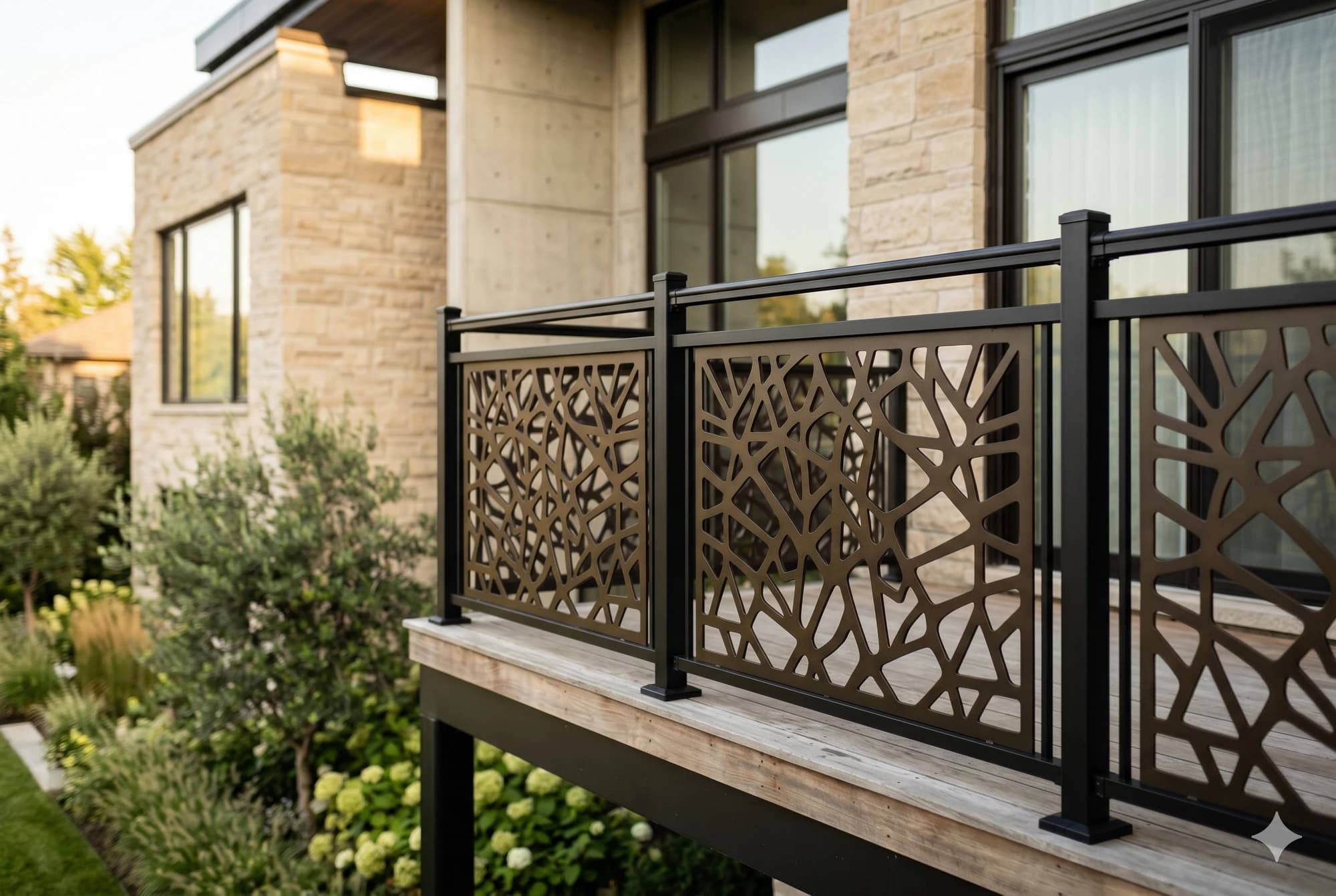 Decorative metal railing infill panel on a deck rail frame.