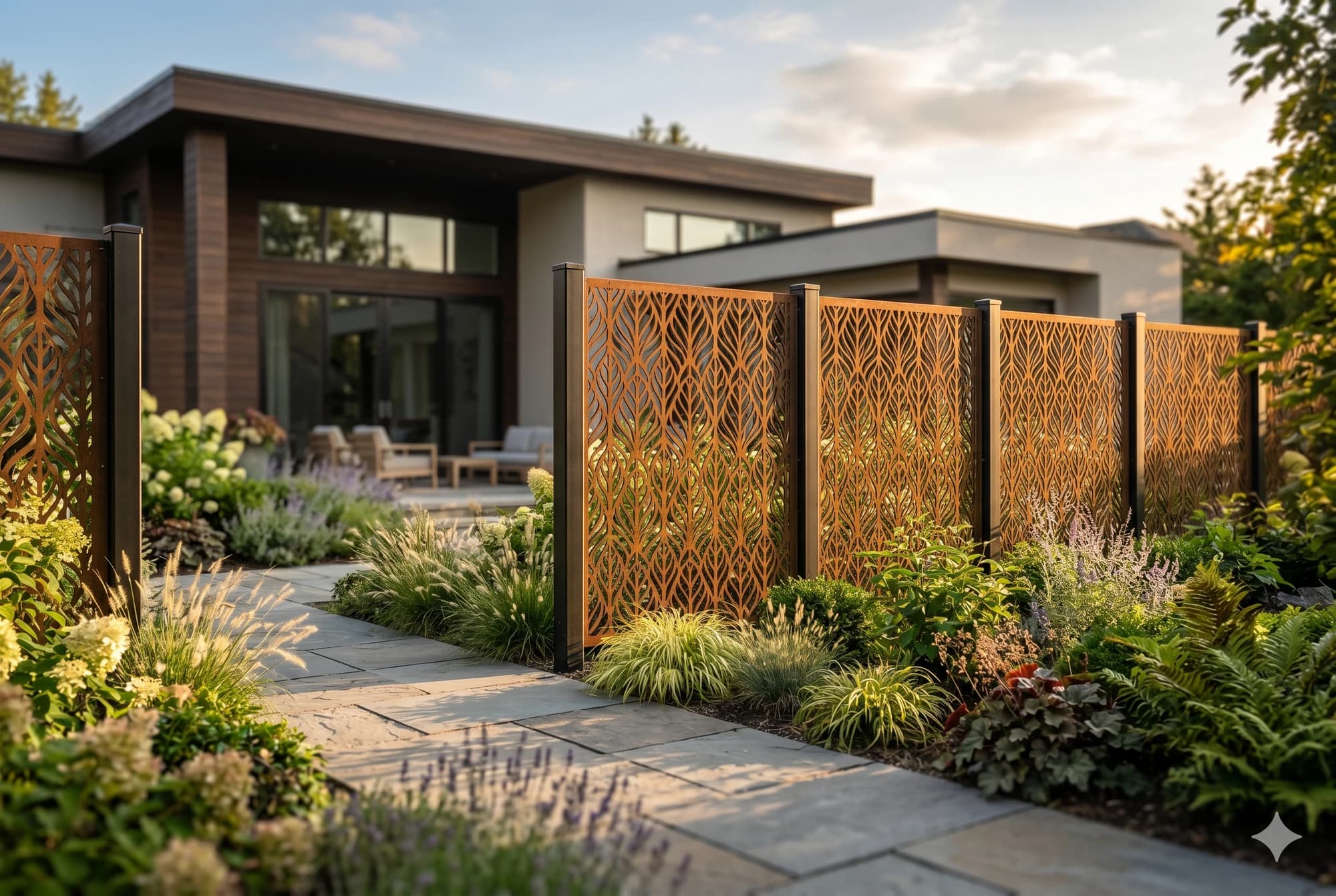 Decorative metal infill fence panel in a residential garden.