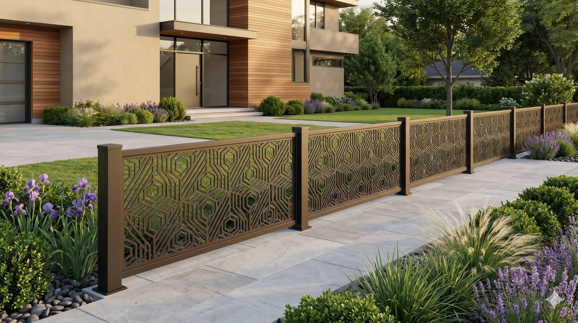 Decorative metal fence run along a residential property line.