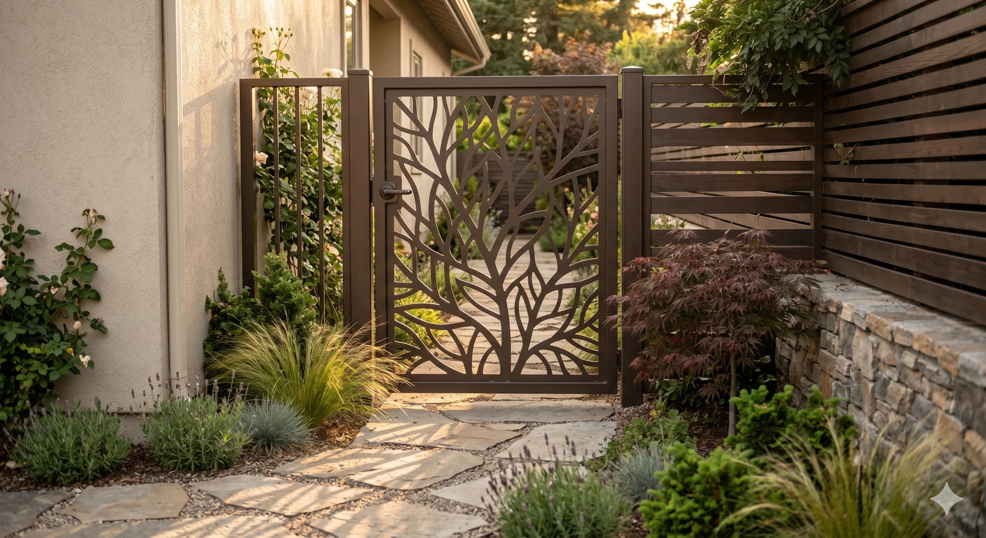 Decorative metal gate panel set into a courtyard entry opening.