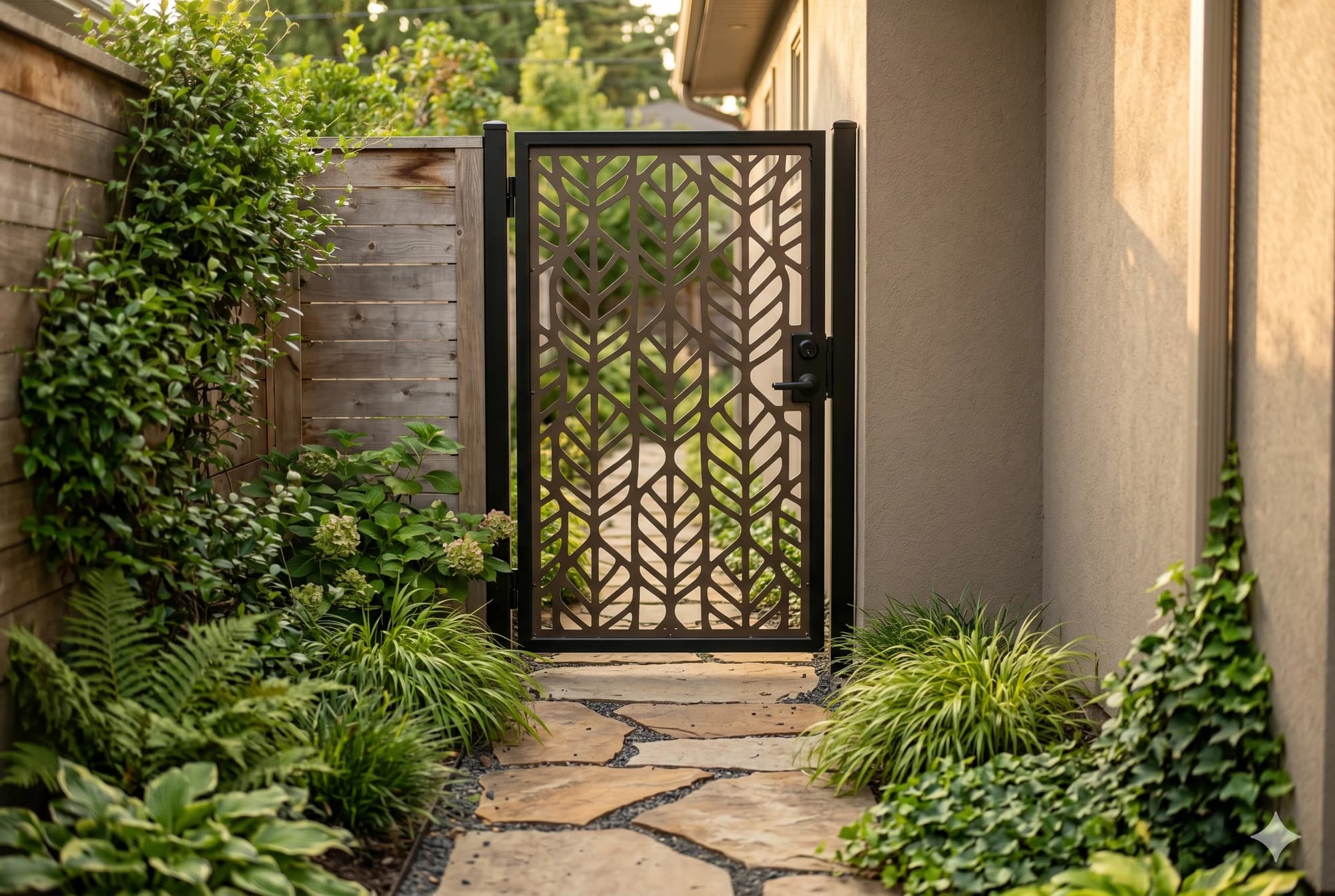 Patterned metal insert in a residential garden gate frame.