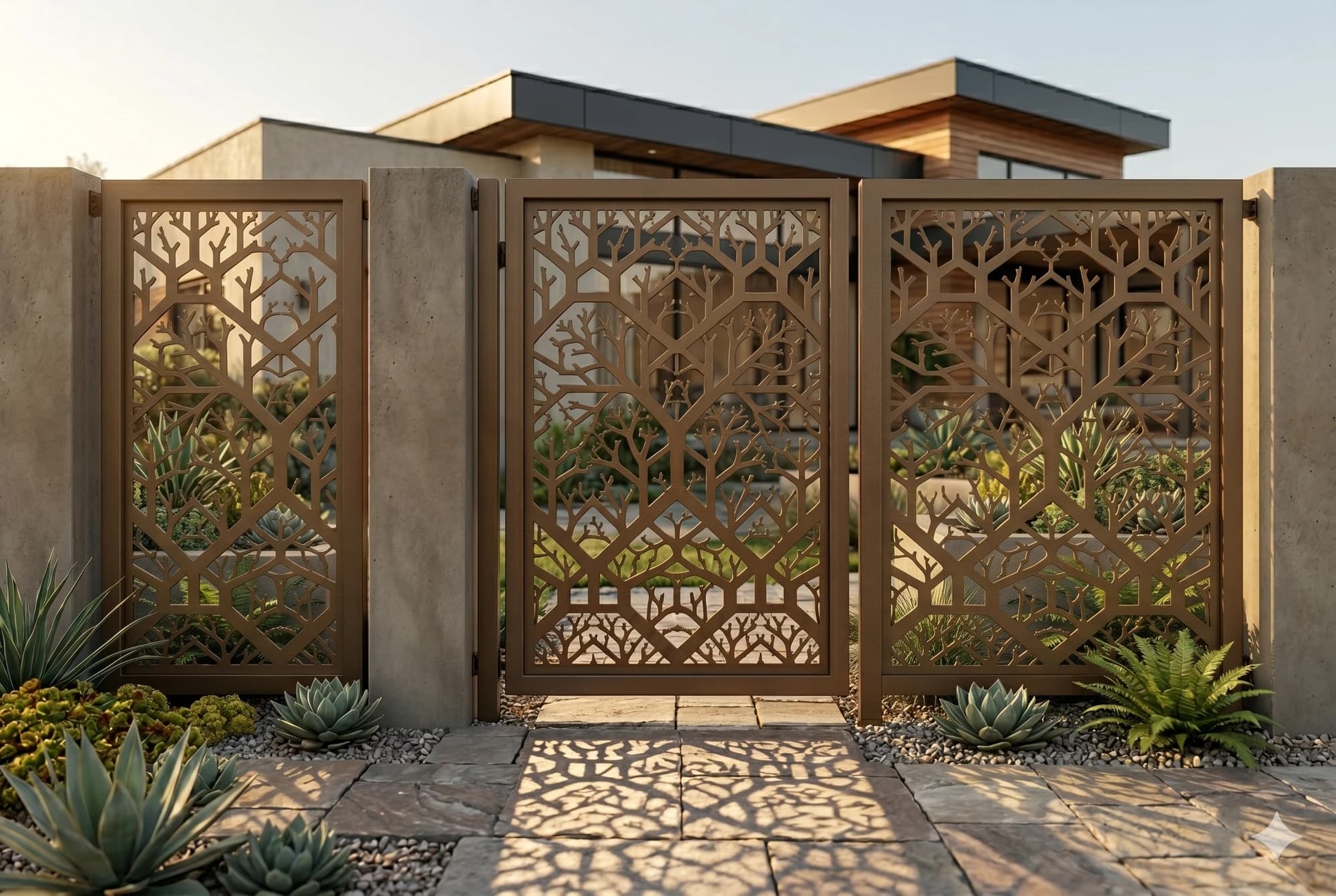 Coordinated decorative metal gate and adjacent fence panel set.