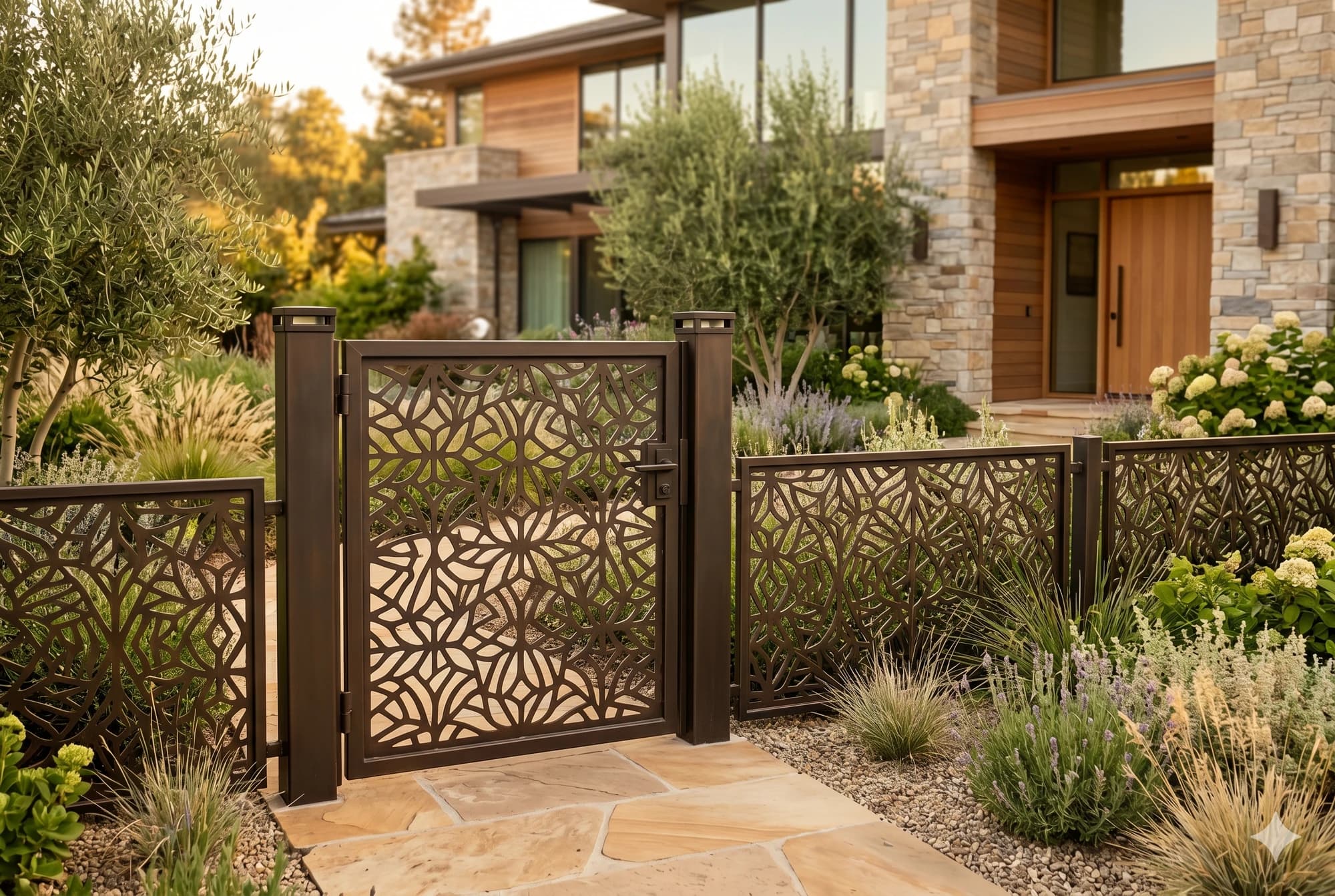 Decorative metal walk gate panel set into a side-yard opening.