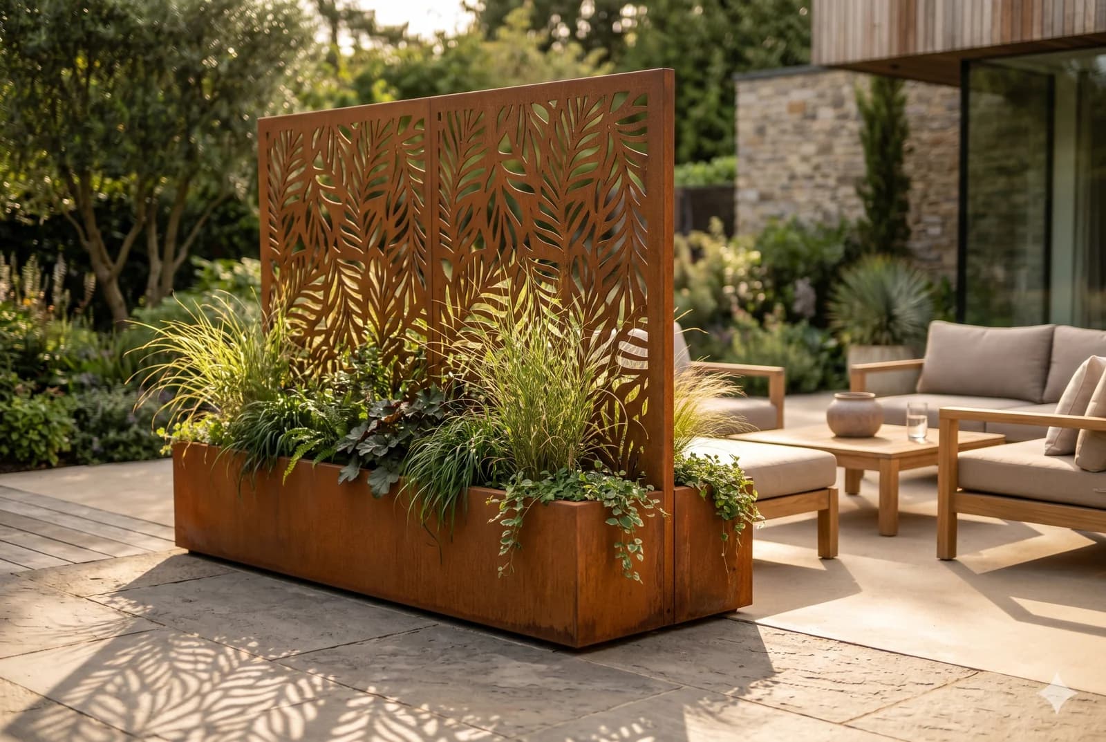 Coordinated planter and privacy screen combination on a patio.