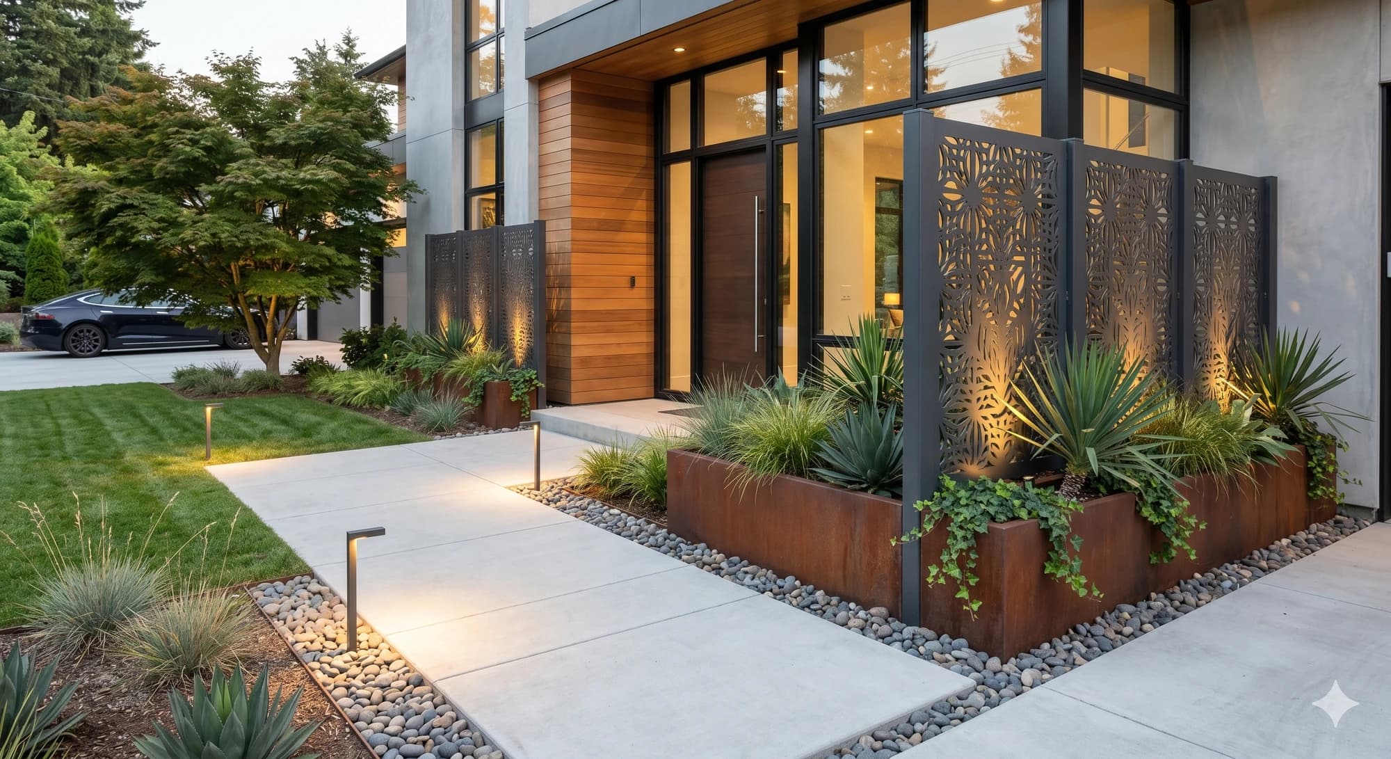 Decorative planter and metal screen framing a residential entry walkway.