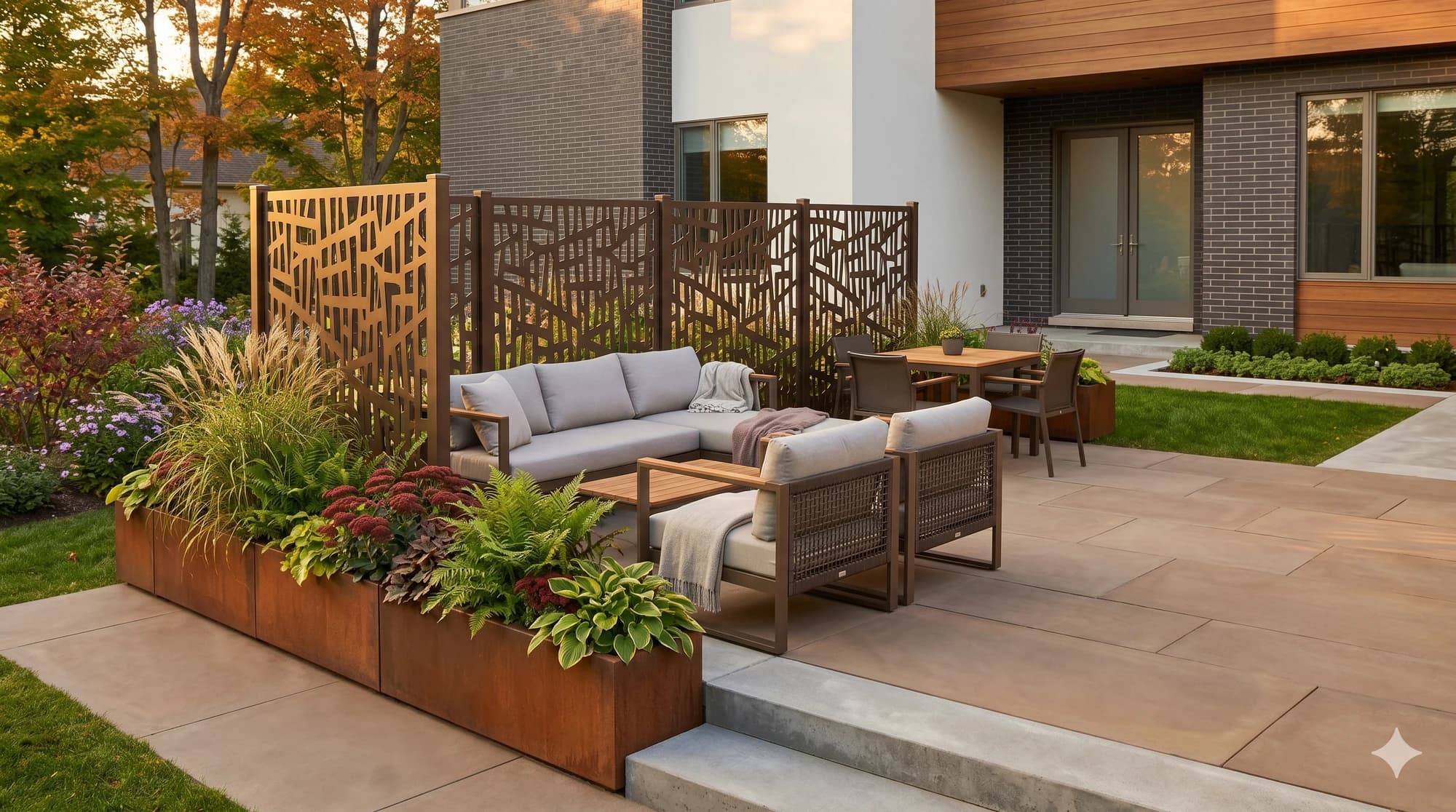 Multi-piece planter and privacy screen run separating an outdoor seating area.