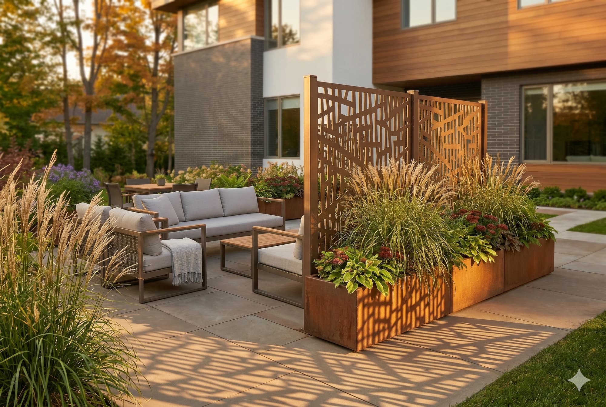 Coordinated metal planter and privacy screen defining a patio edge.